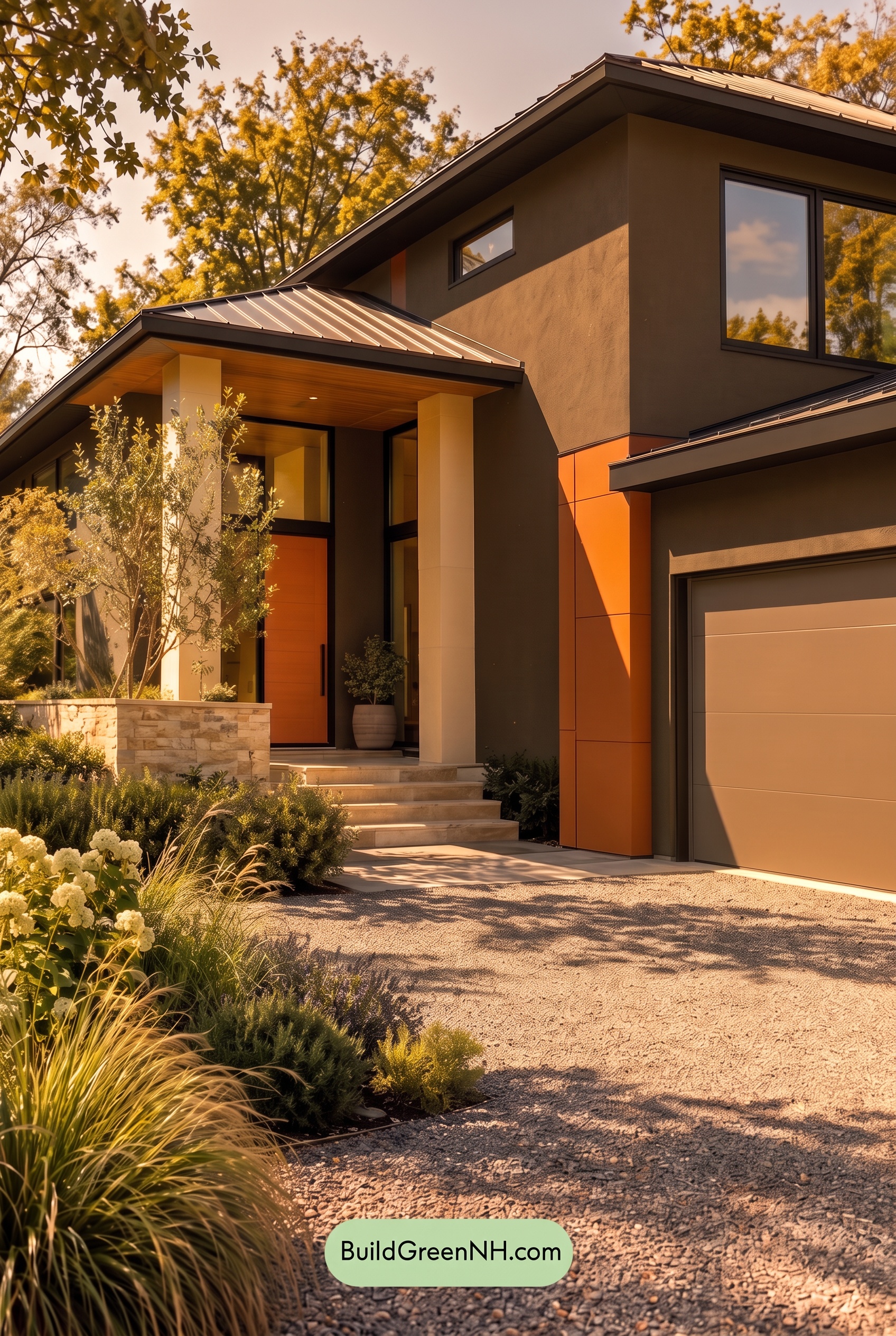 Dark Stucco House Exterior Color Scheme: Copper Orchard House - Golden Hour