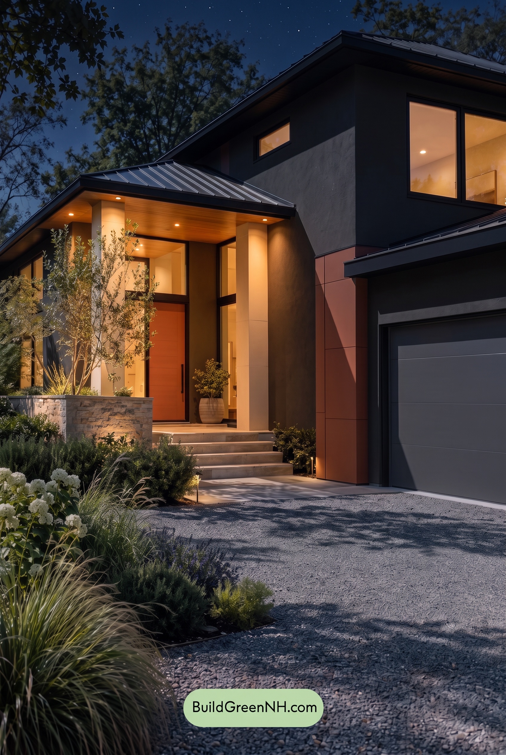 Dark Stucco House Exterior Color Scheme: Copper Orchard House - Nighttime