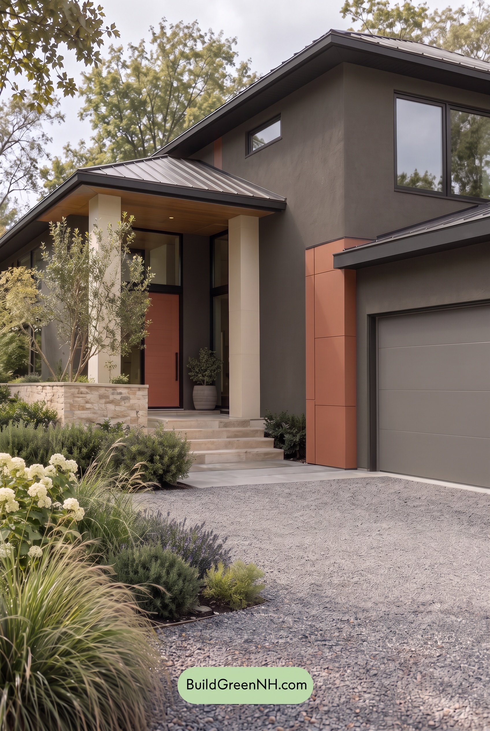 Dark Stucco House Exterior Color Scheme: Copper Orchard House - Overcast