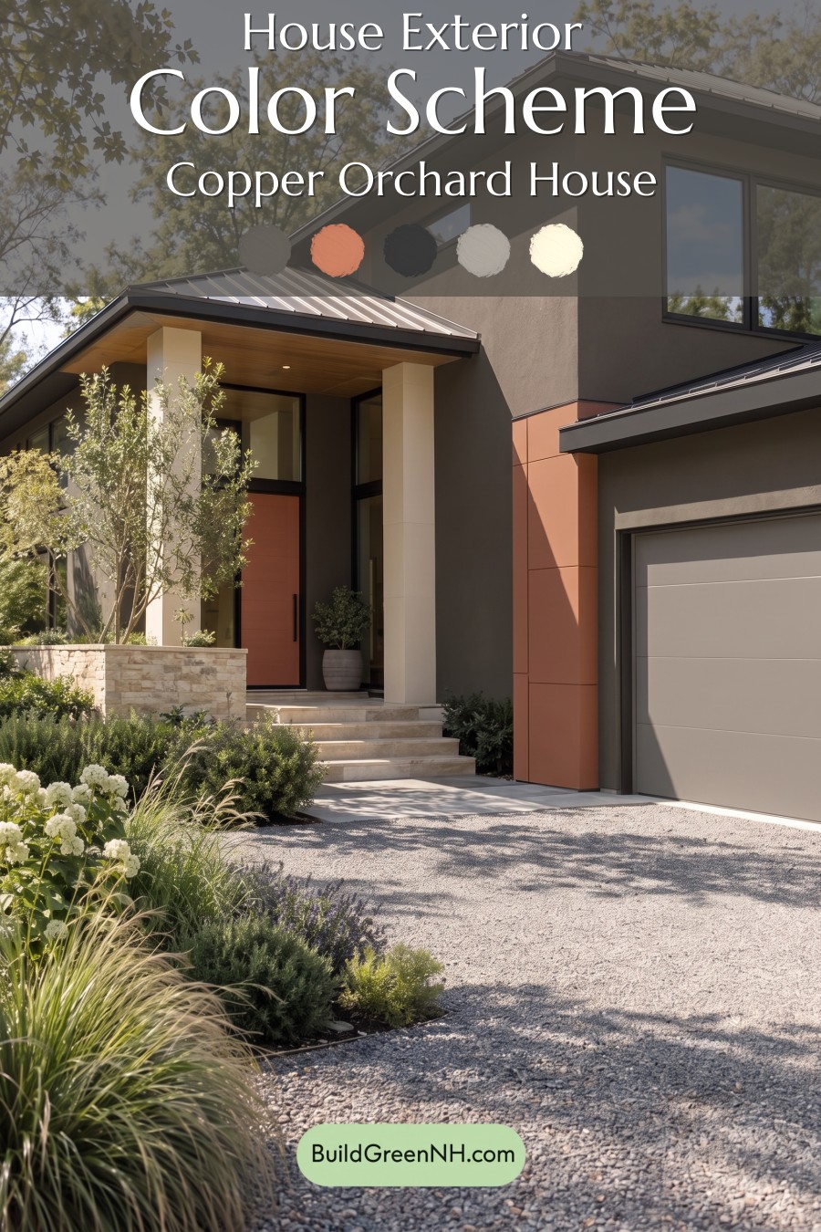 Dark Stucco House Exterior Color Scheme: Copper Orchard House