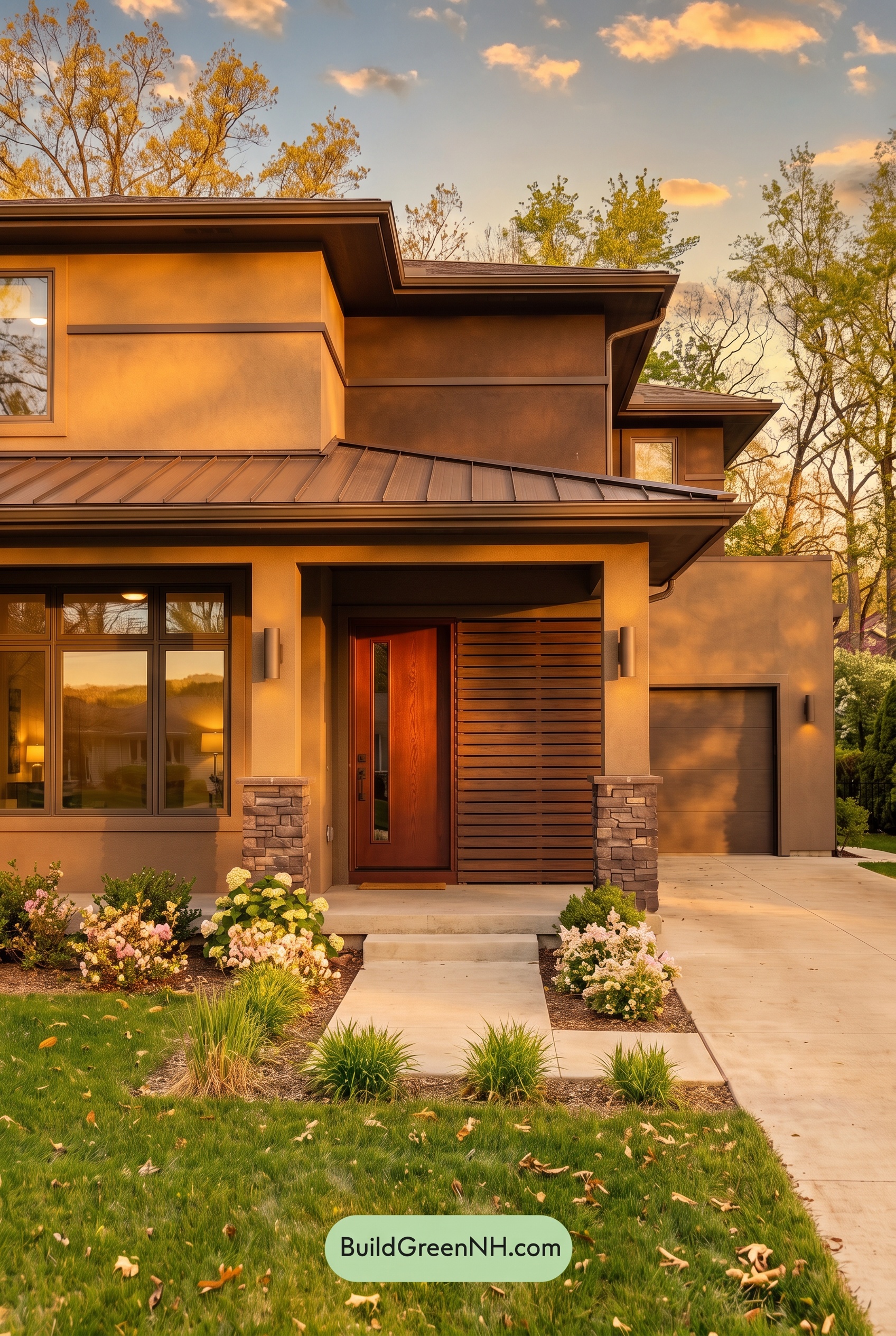 Dark Stucco House Exterior Color Scheme: Dune Velvet - Golden Hour