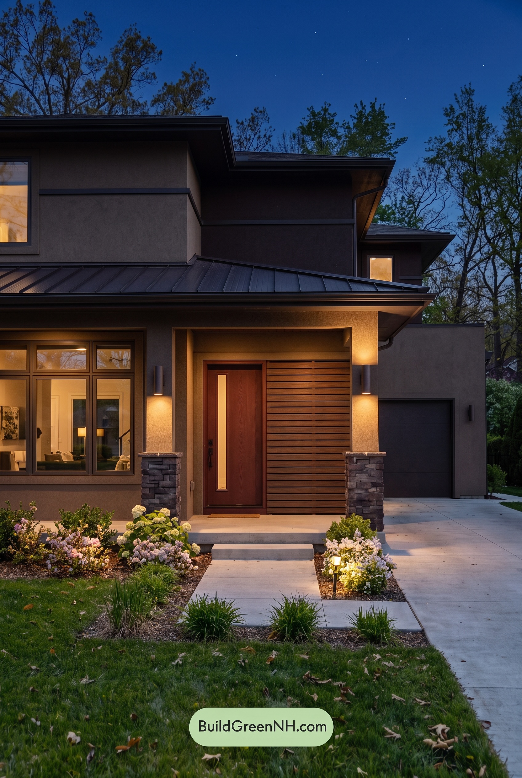 Dark Stucco House Exterior Color Scheme: Dune Velvet - Nighttime