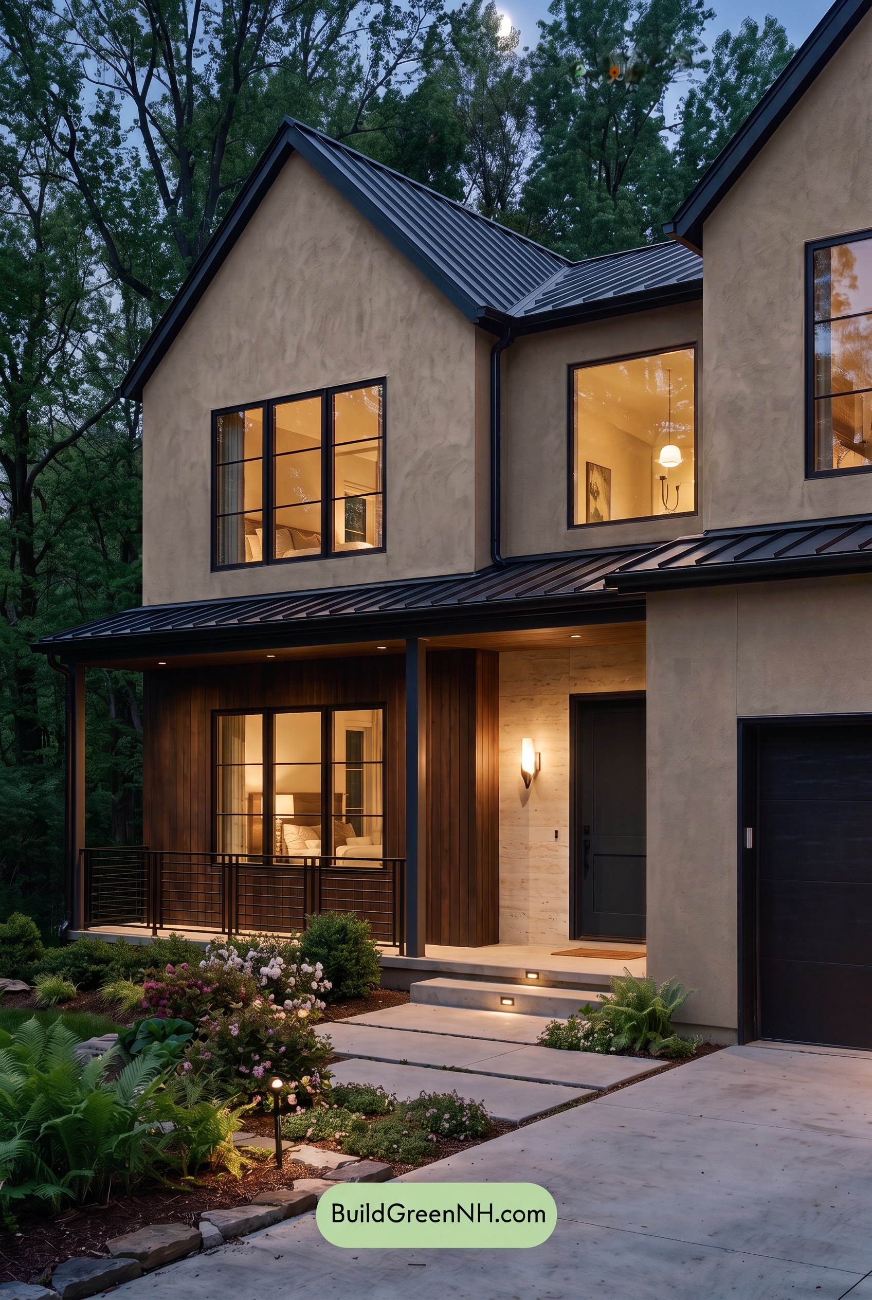 Dark Stucco House Exterior Color Scheme: Fawn Obsidian - Nighttime
