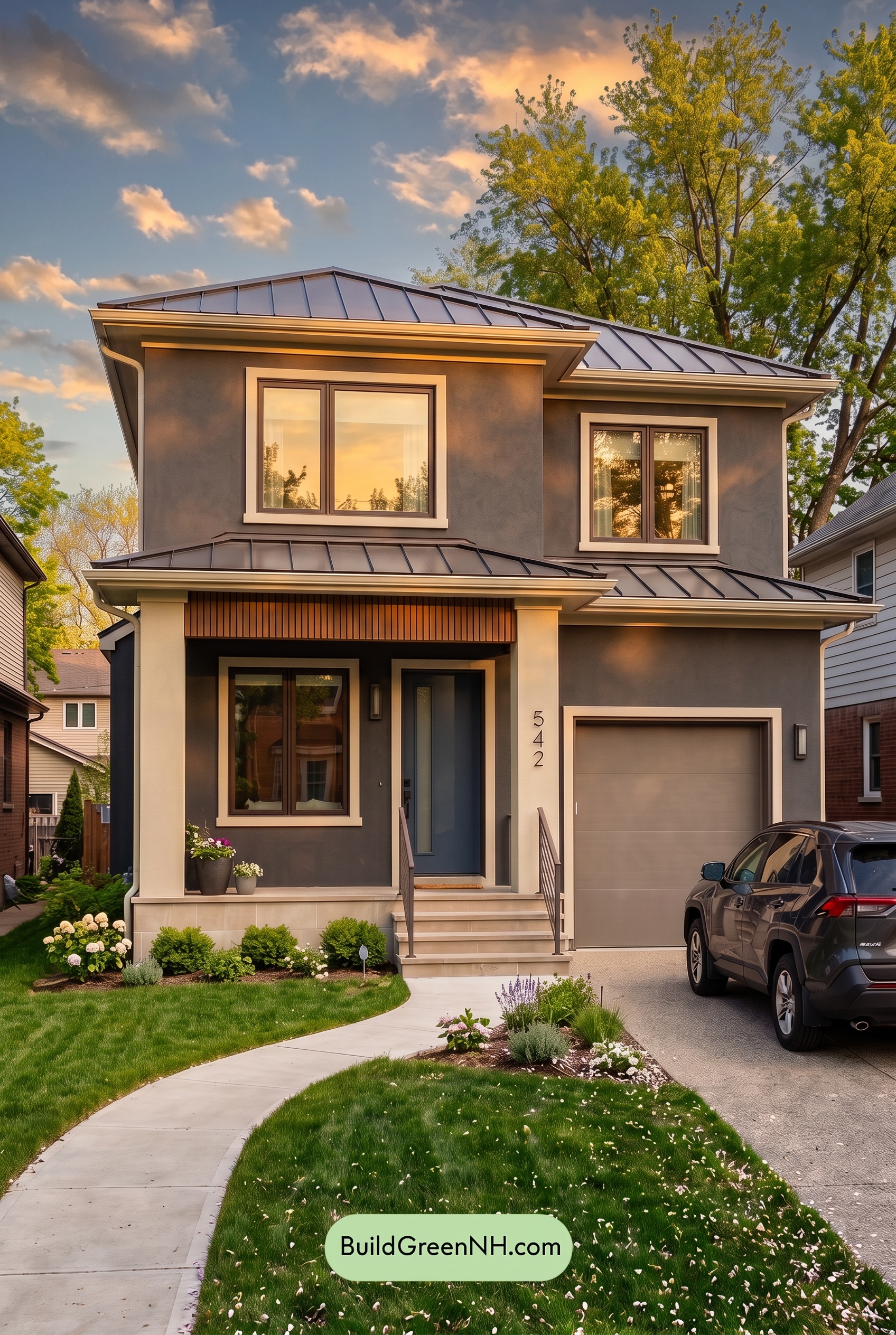 Dark Stucco House Exterior Color Scheme: Graphite Linen Poise - Golden Hour