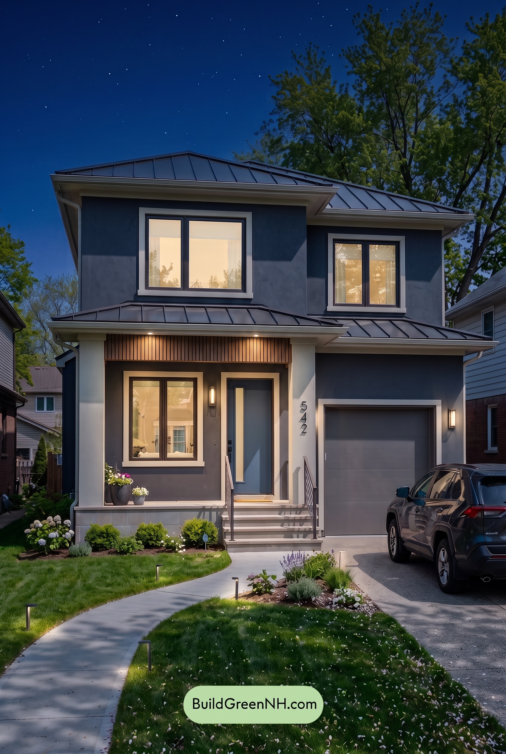 Dark Stucco House Exterior Color Scheme: Graphite Linen Poise - Nighttime