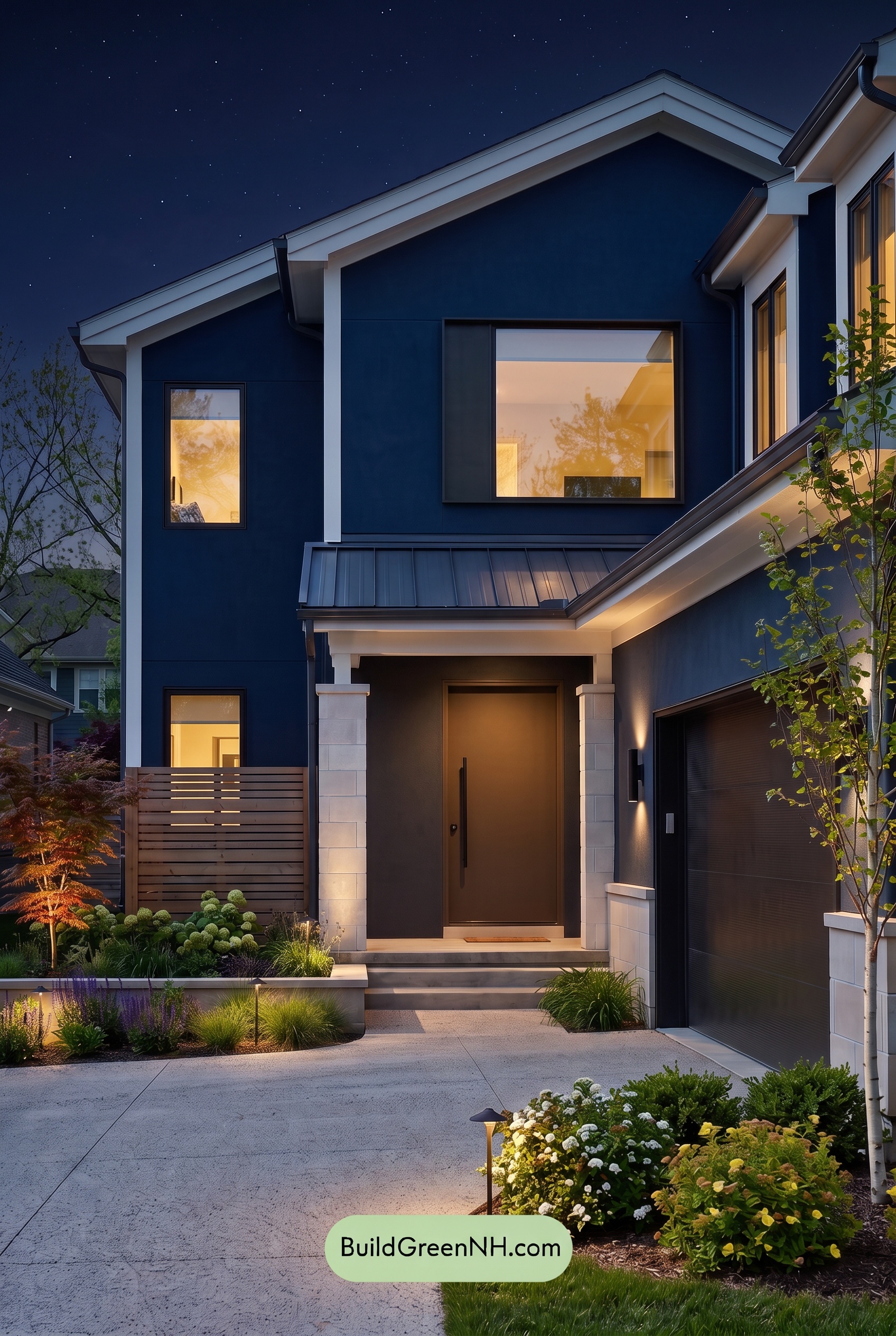 Dark Stucco House Exterior Color Scheme: Harbor Brass Reverie - Nighttime