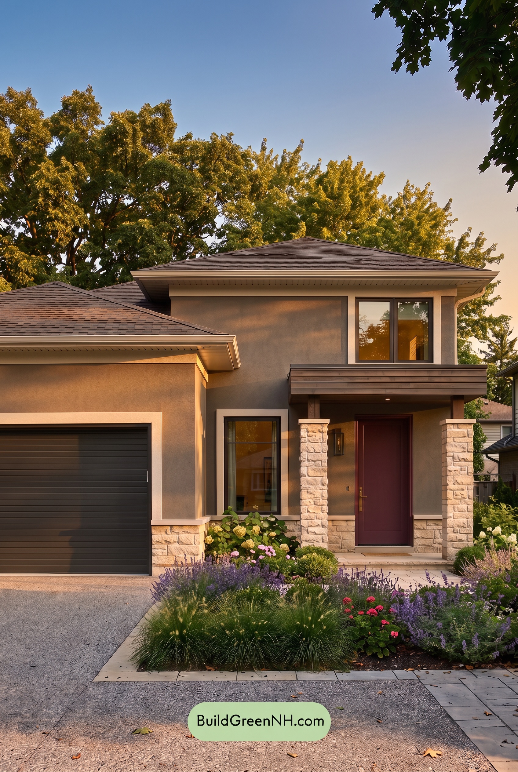 Dark Stucco House Exterior Color Scheme: Iron Plum Stillness - Golden Hour
