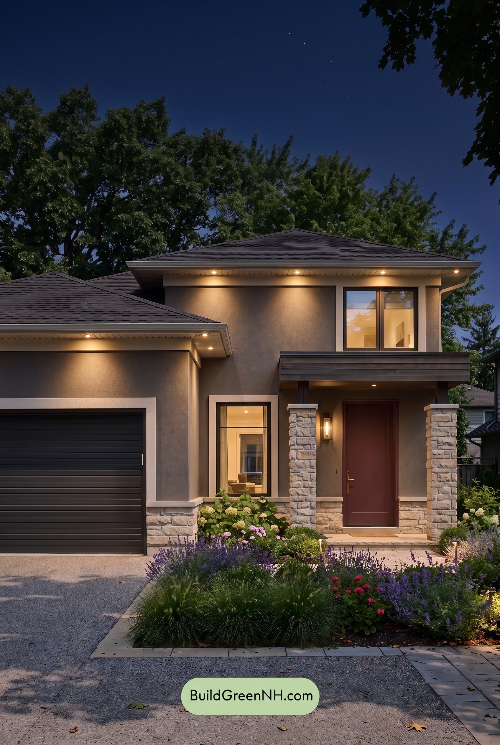 Dark Stucco House Exterior Color Scheme: Iron Plum Stillness - Nighttime