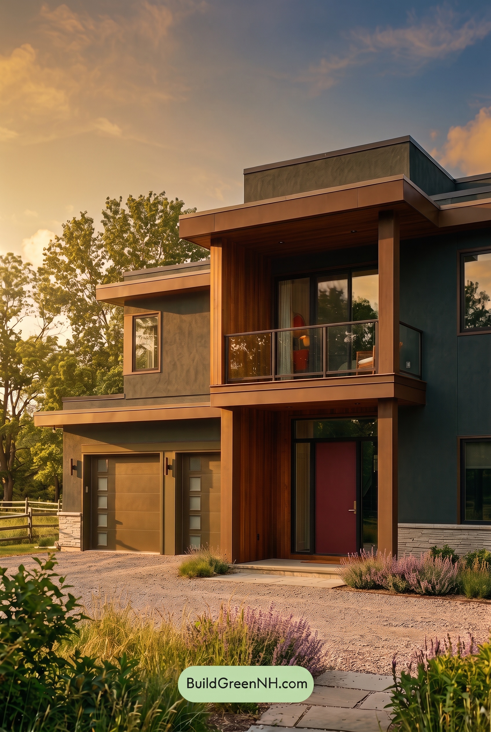 Dark Stucco House Exterior Color Scheme: Juniper Alloy - Golden Hour