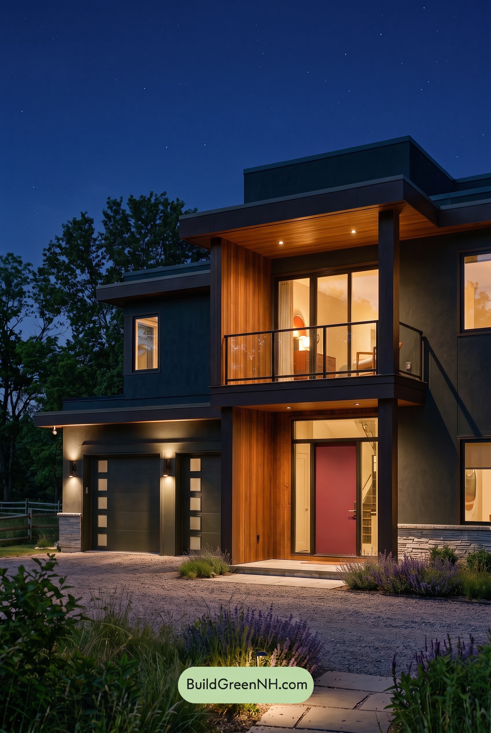 Dark Stucco House Exterior Color Scheme: Juniper Alloy - Nighttime