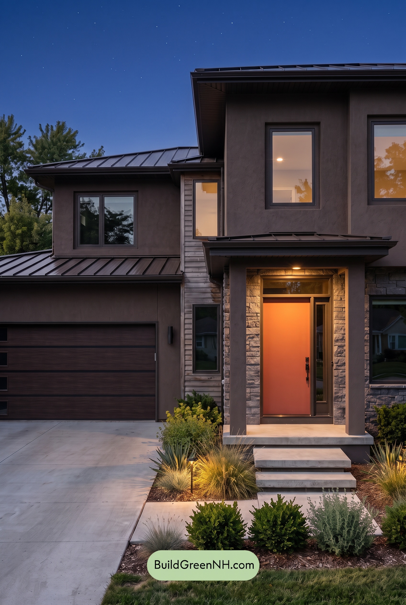 Dark Stucco House Exterior Color Scheme: Mocha Nightfall - Nighttime