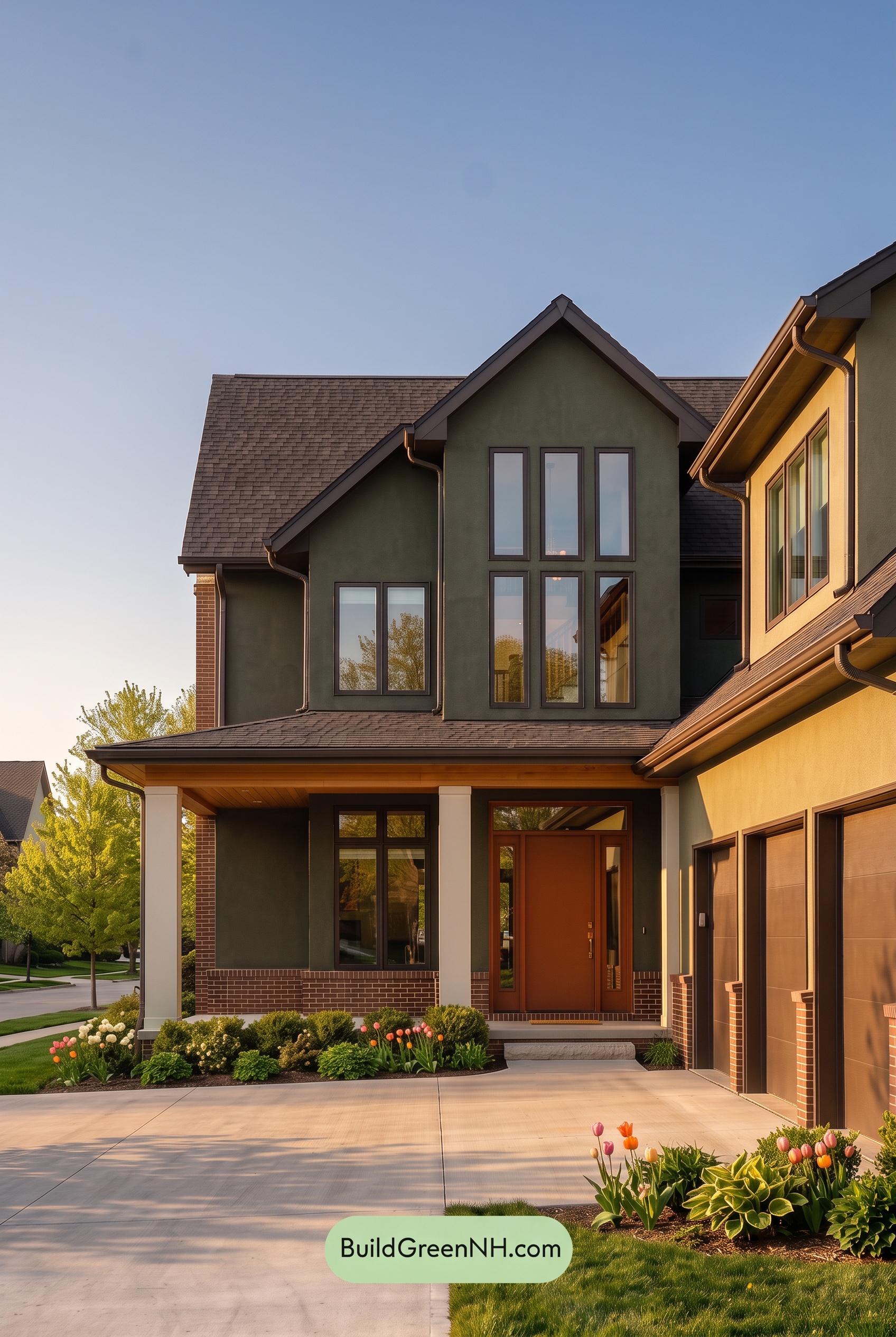 Dark Stucco House Exterior Color Scheme: Mosslight Ember - Golden Hour