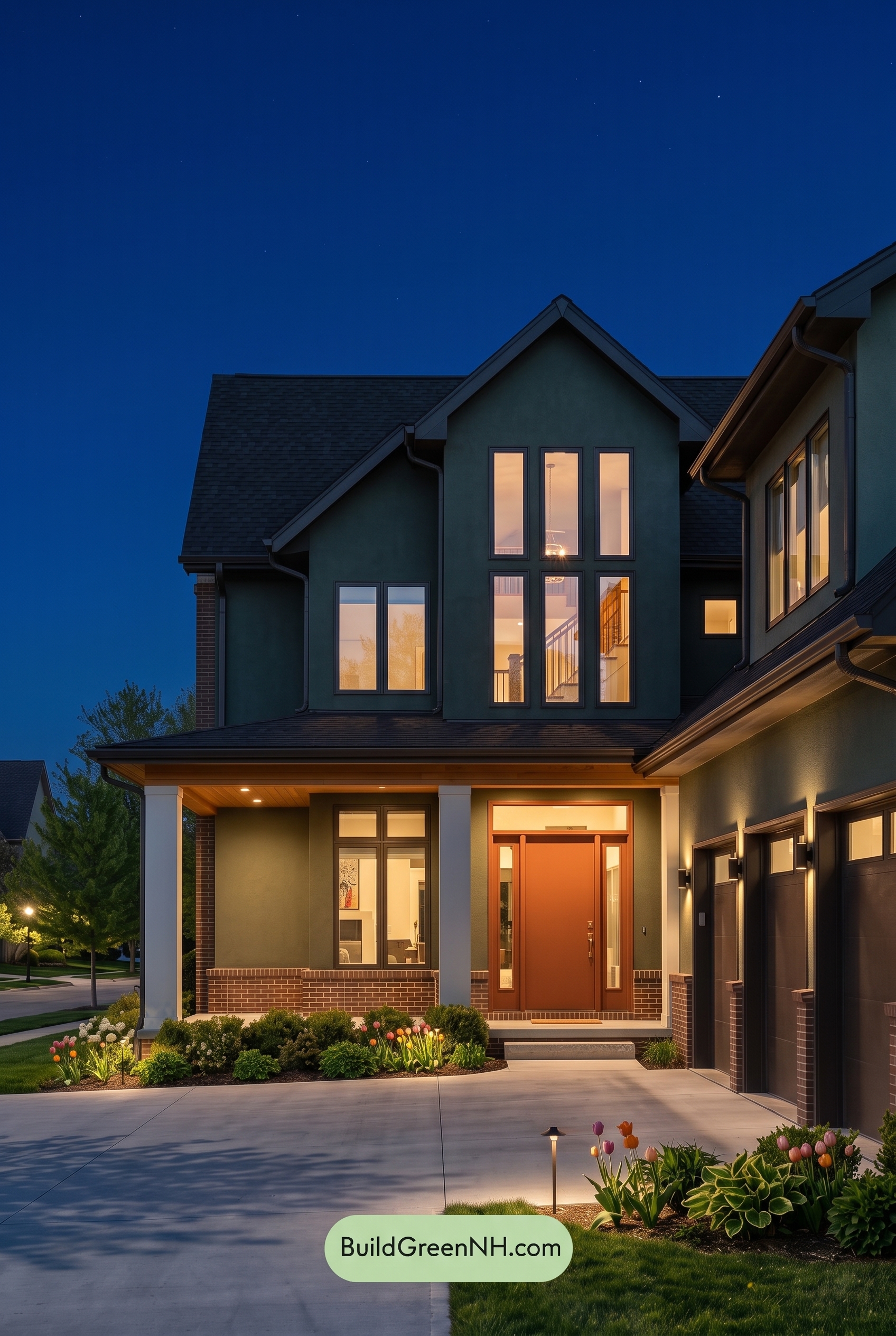 Dark Stucco House Exterior Color Scheme: Mosslight Ember - Nighttime
