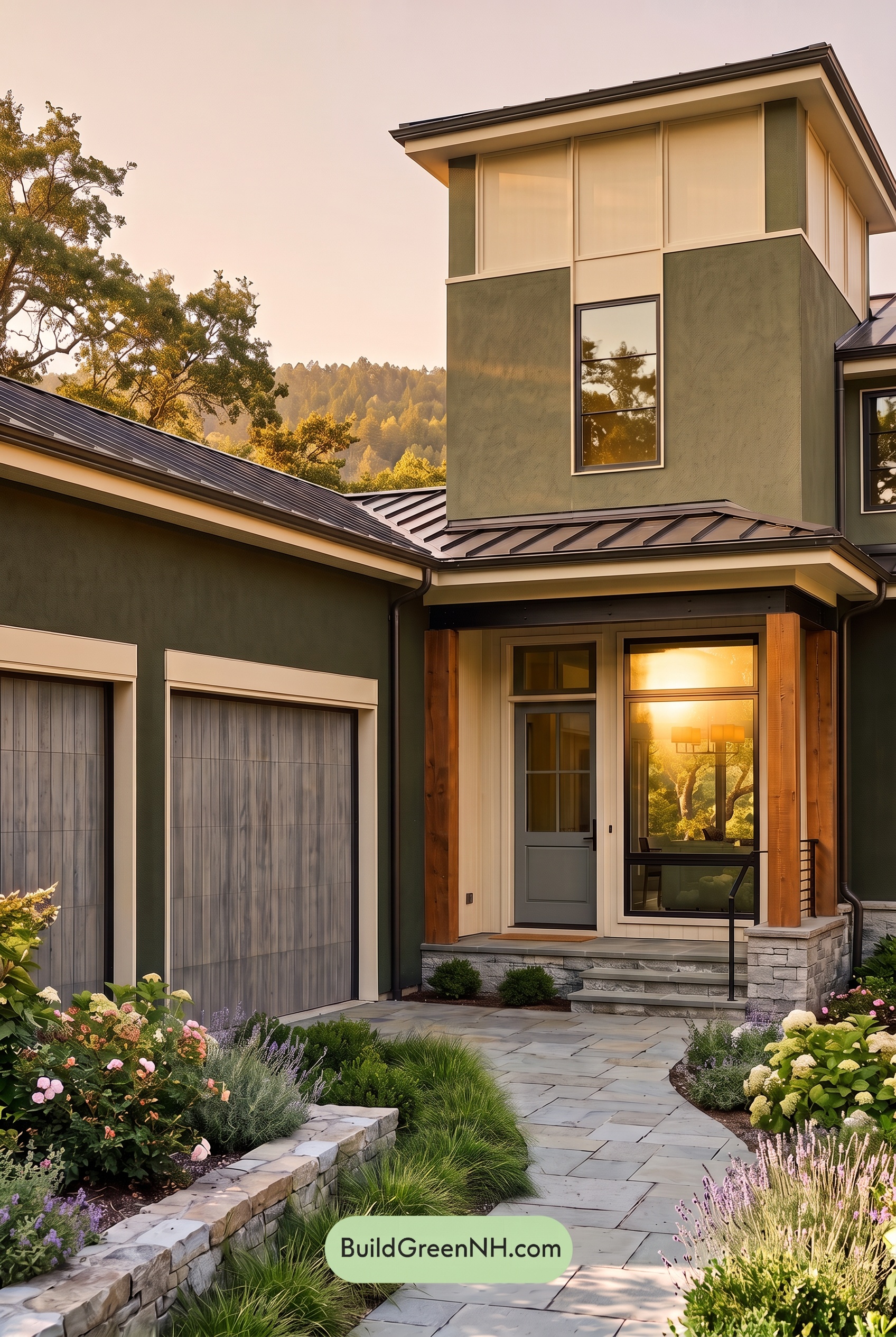 Dark Stucco House Exterior Color Scheme: Pine Gilded Threshold - Golden Hour