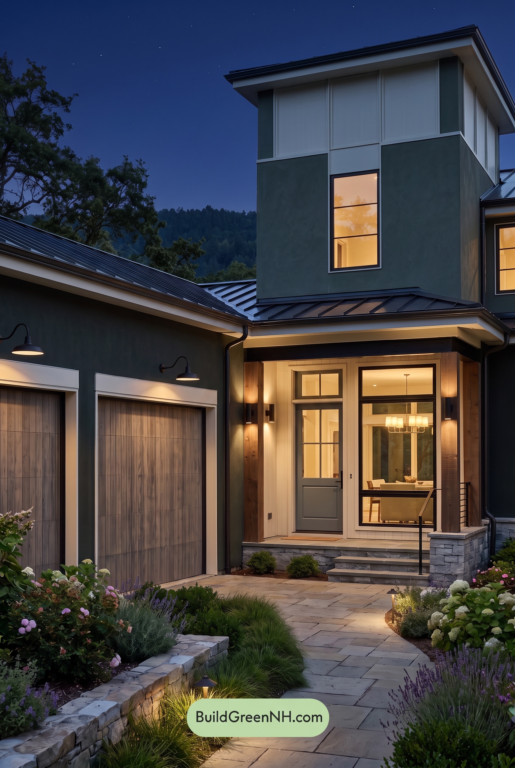 Dark Stucco House Exterior Color Scheme: Pine Gilded Threshold - Nighttime
