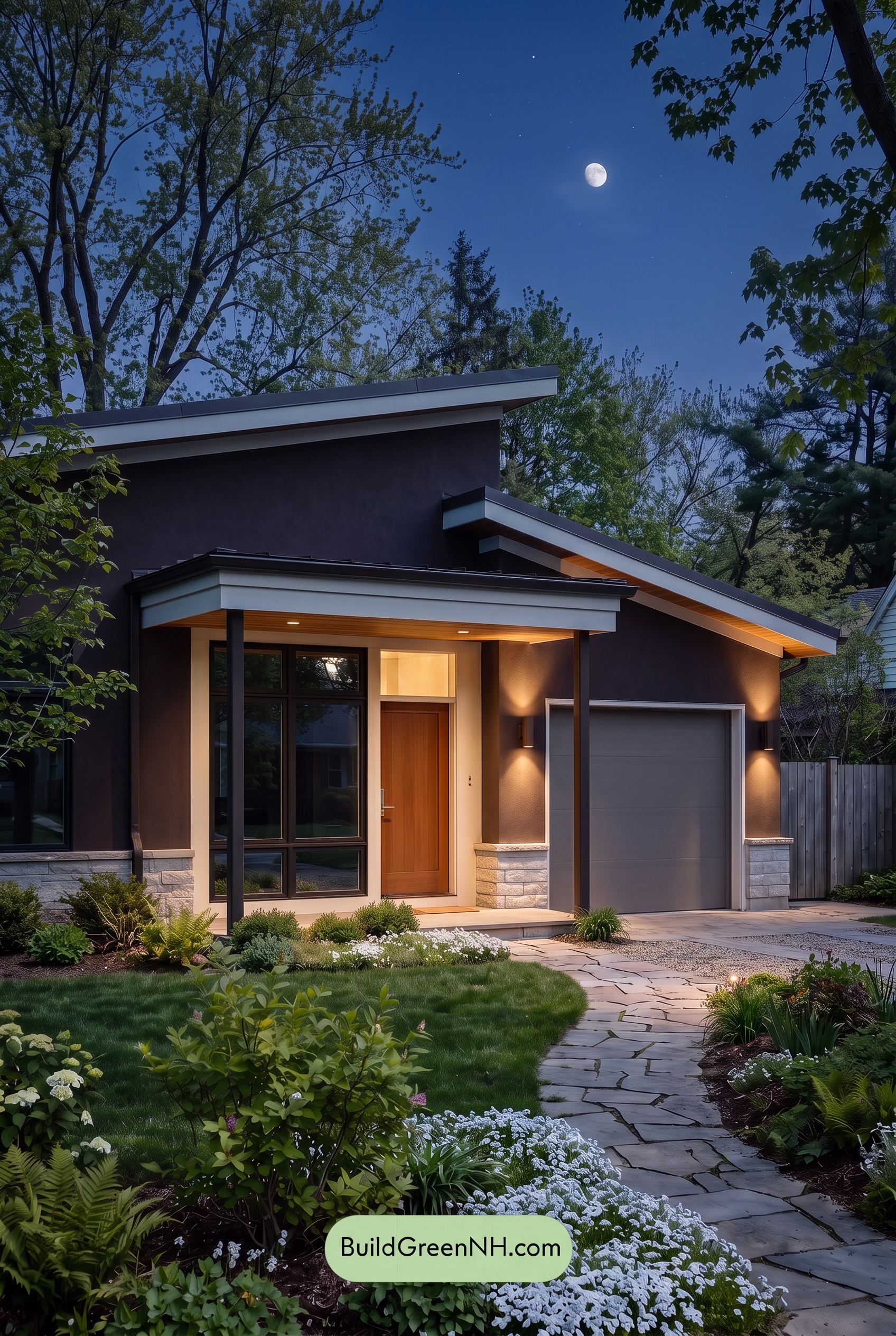 Dark Stucco House Exterior Color Scheme: Roasted Pearl - Nighttime