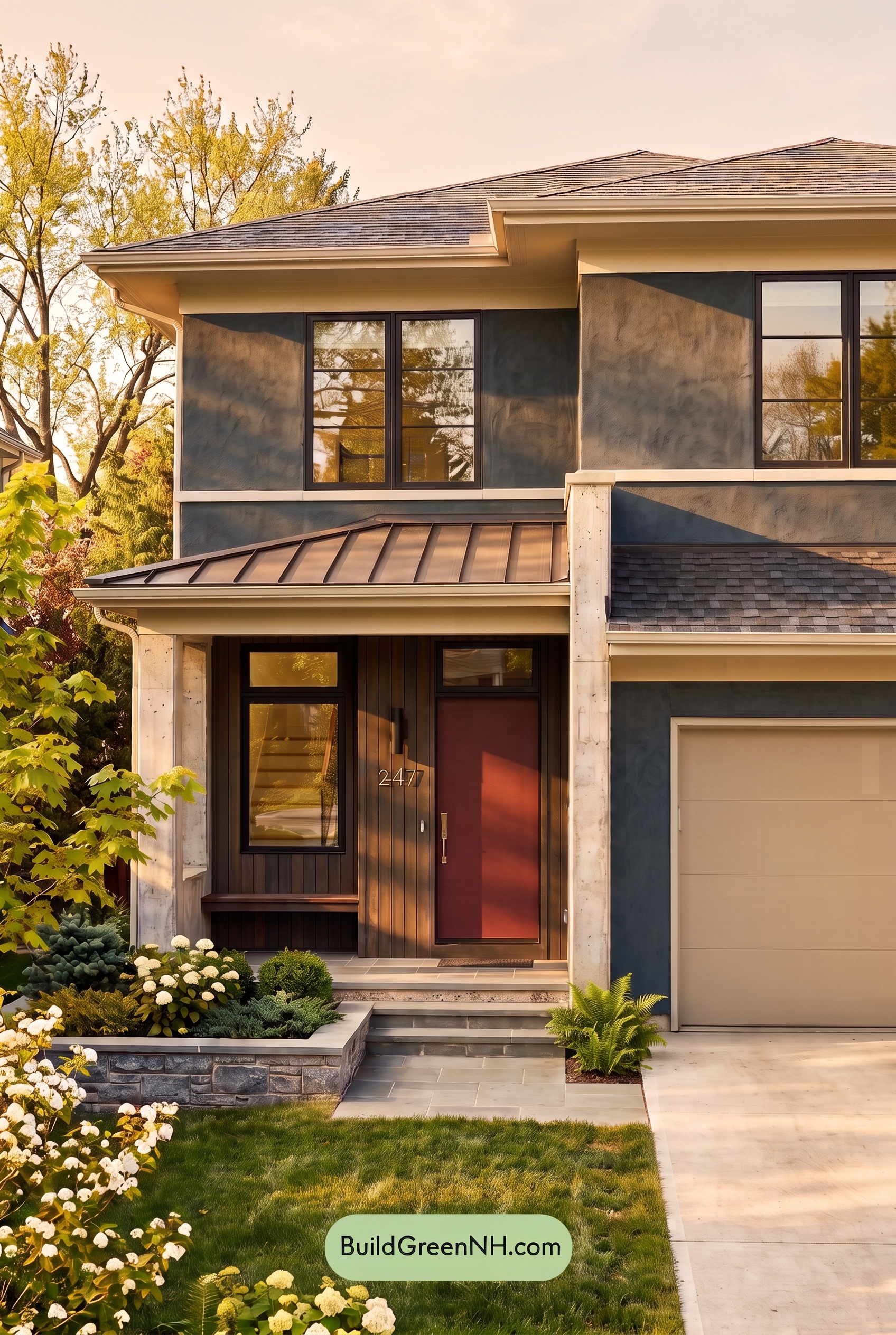 Dark Stucco House Exterior Color Scheme: Sable Lantern Court - Golden Hour