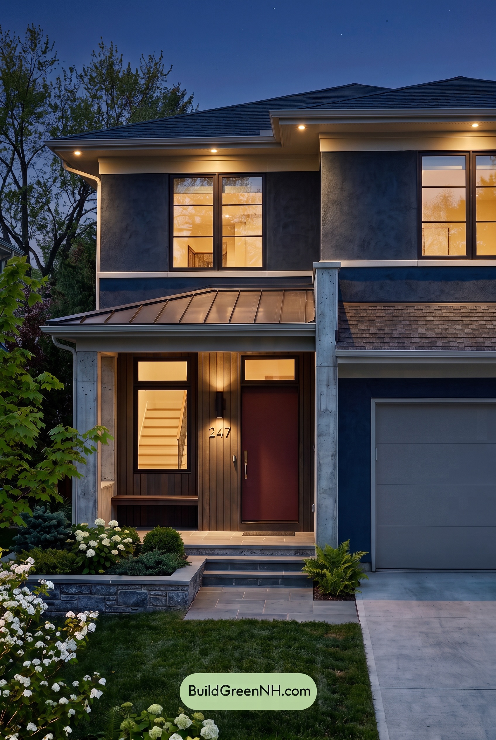 Dark Stucco House Exterior Color Scheme: Sable Lantern Court - Nighttime