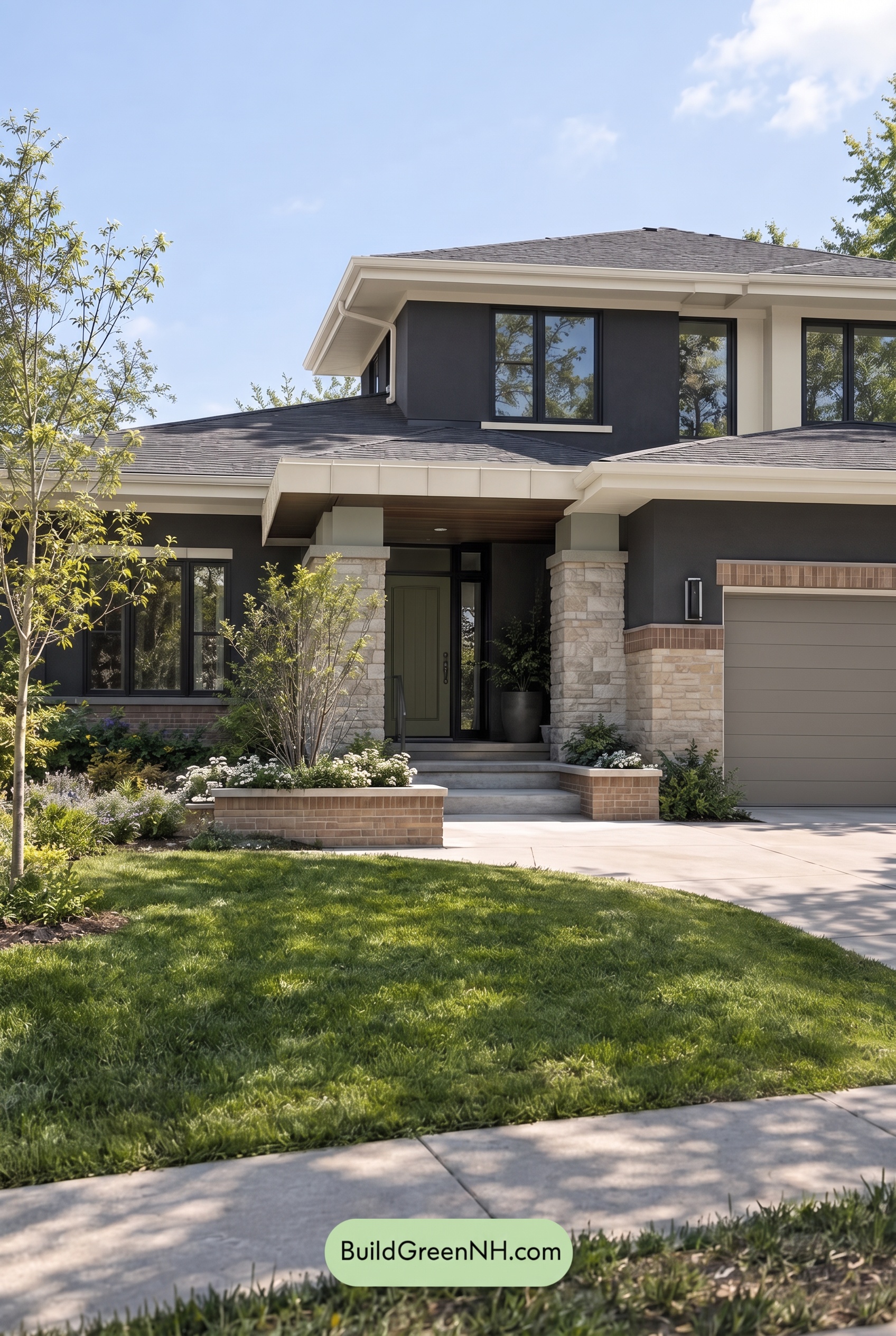 Dark Stucco House Exterior Color Scheme: Sage Brick Reverie