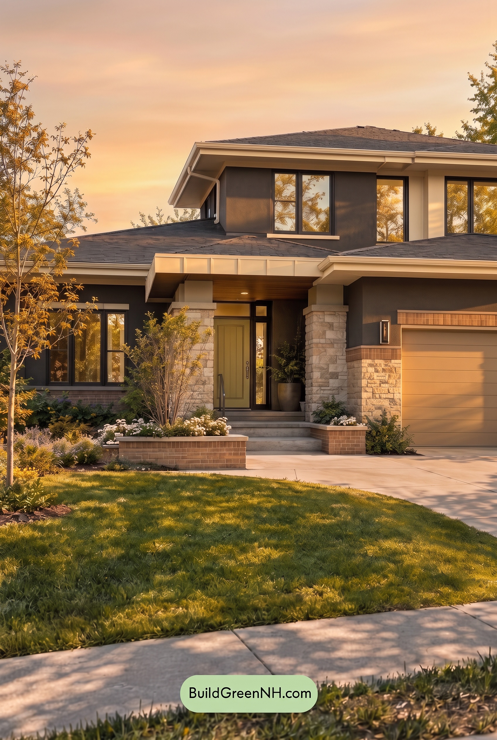 Dark Stucco House Exterior Color Scheme: Sage Brick Reverie - Golden Hour