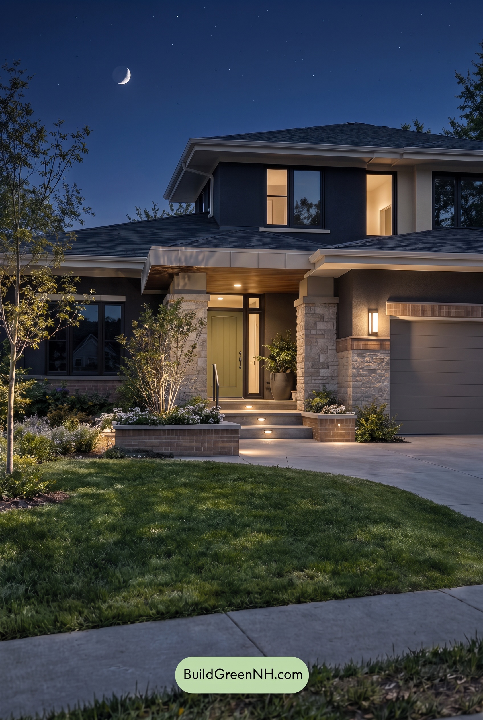 Dark Stucco House Exterior Color Scheme: Sage Brick Reverie - Nighttime