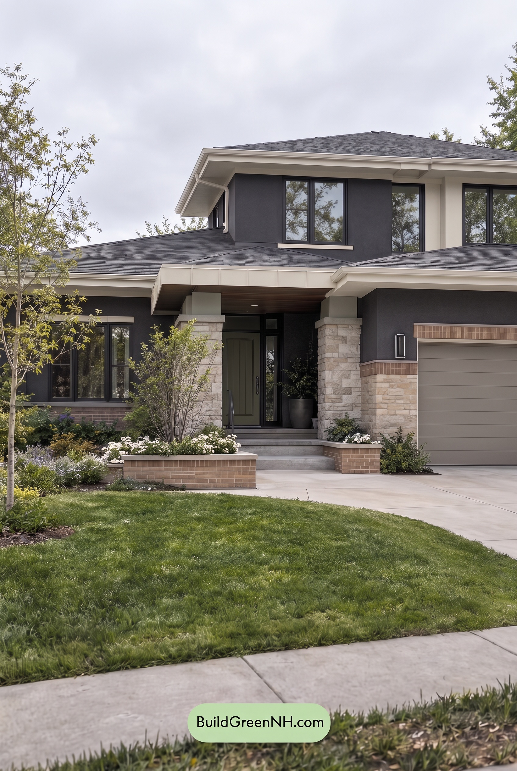 Dark Stucco House Exterior Color Scheme: Sage Brick Reverie - Overcast