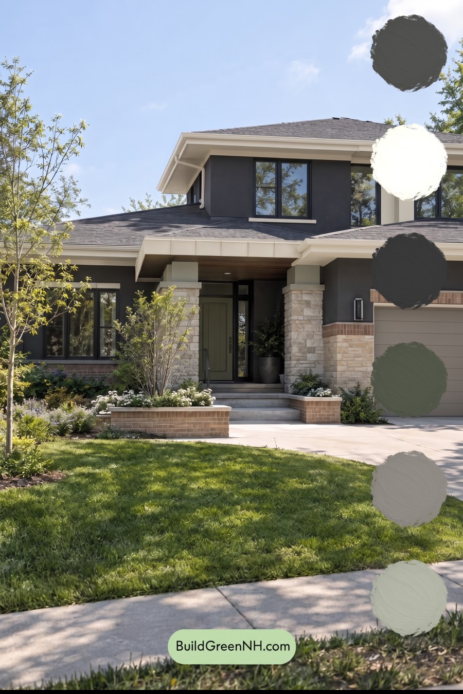 Dark Stucco House Exterior Color Scheme: Sage Brick Reverie