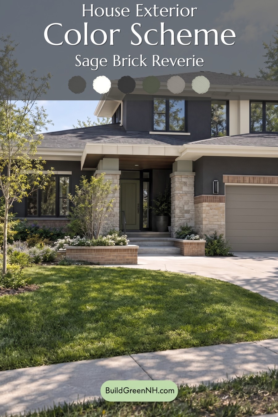 Dark Stucco House Exterior Color Scheme: Sage Brick Reverie