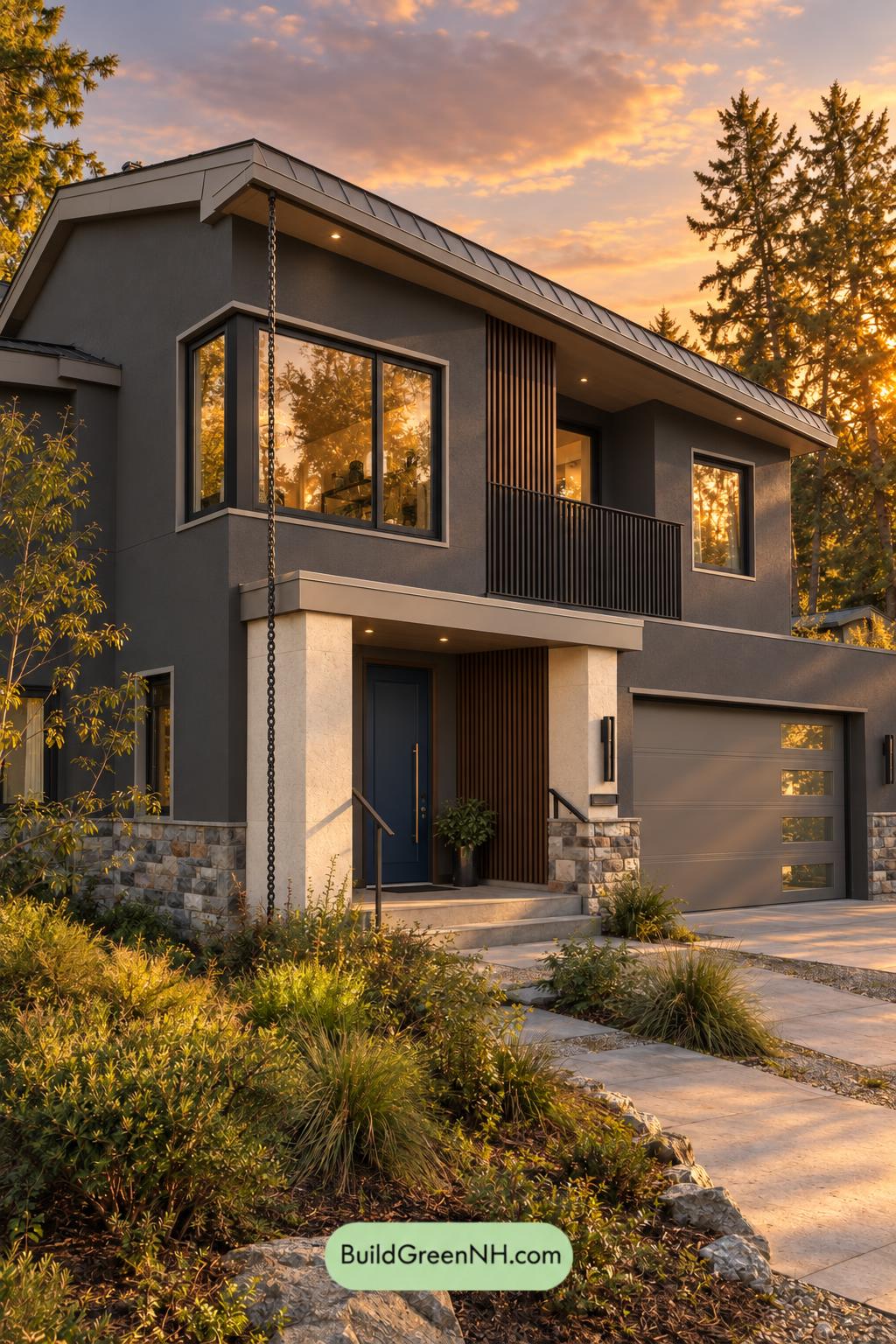 Dark Stucco House Exterior Color Scheme: Silver Pine Shelter - Golden Hour