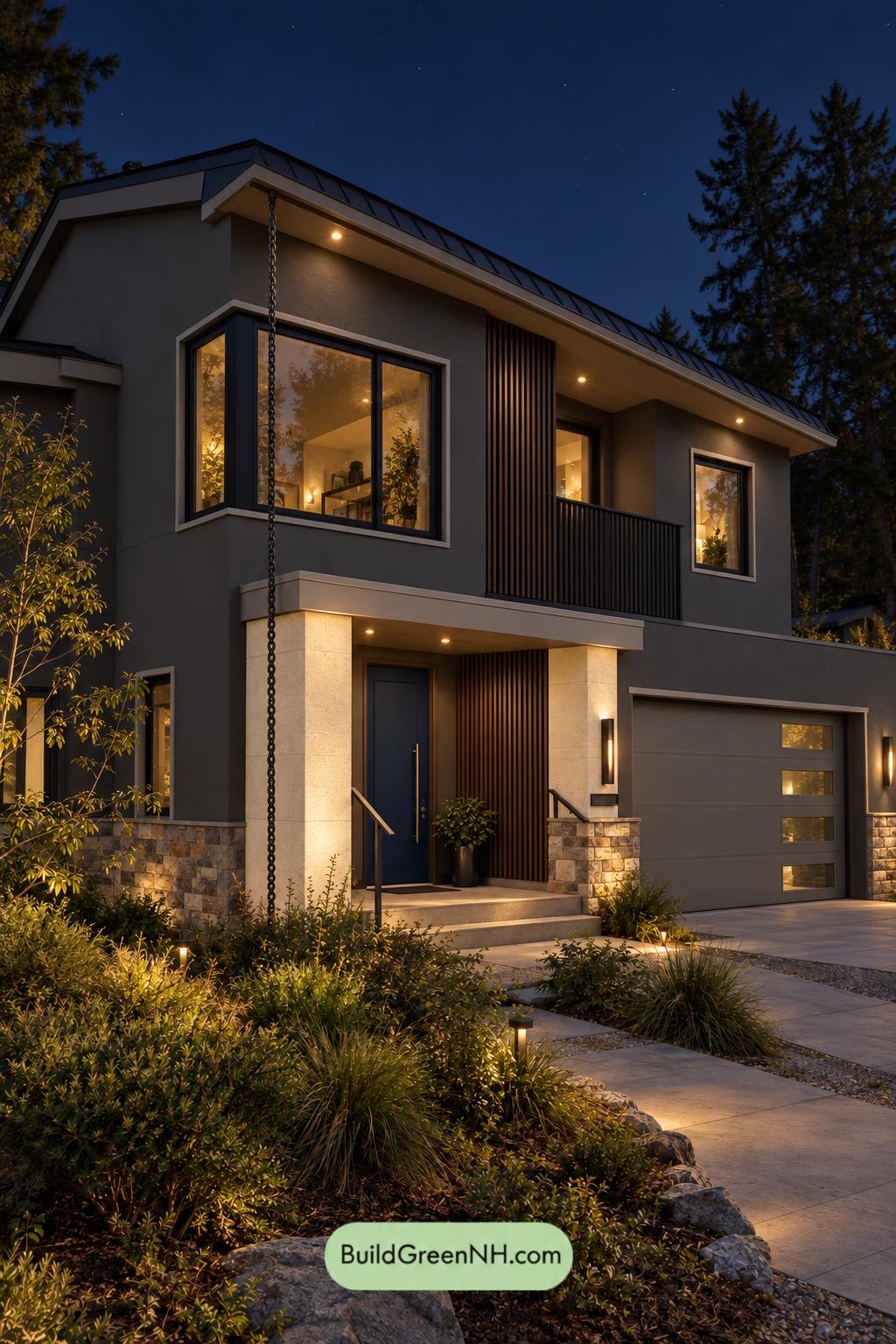 Dark Stucco House Exterior Color Scheme: Silver Pine Shelter - Nighttime