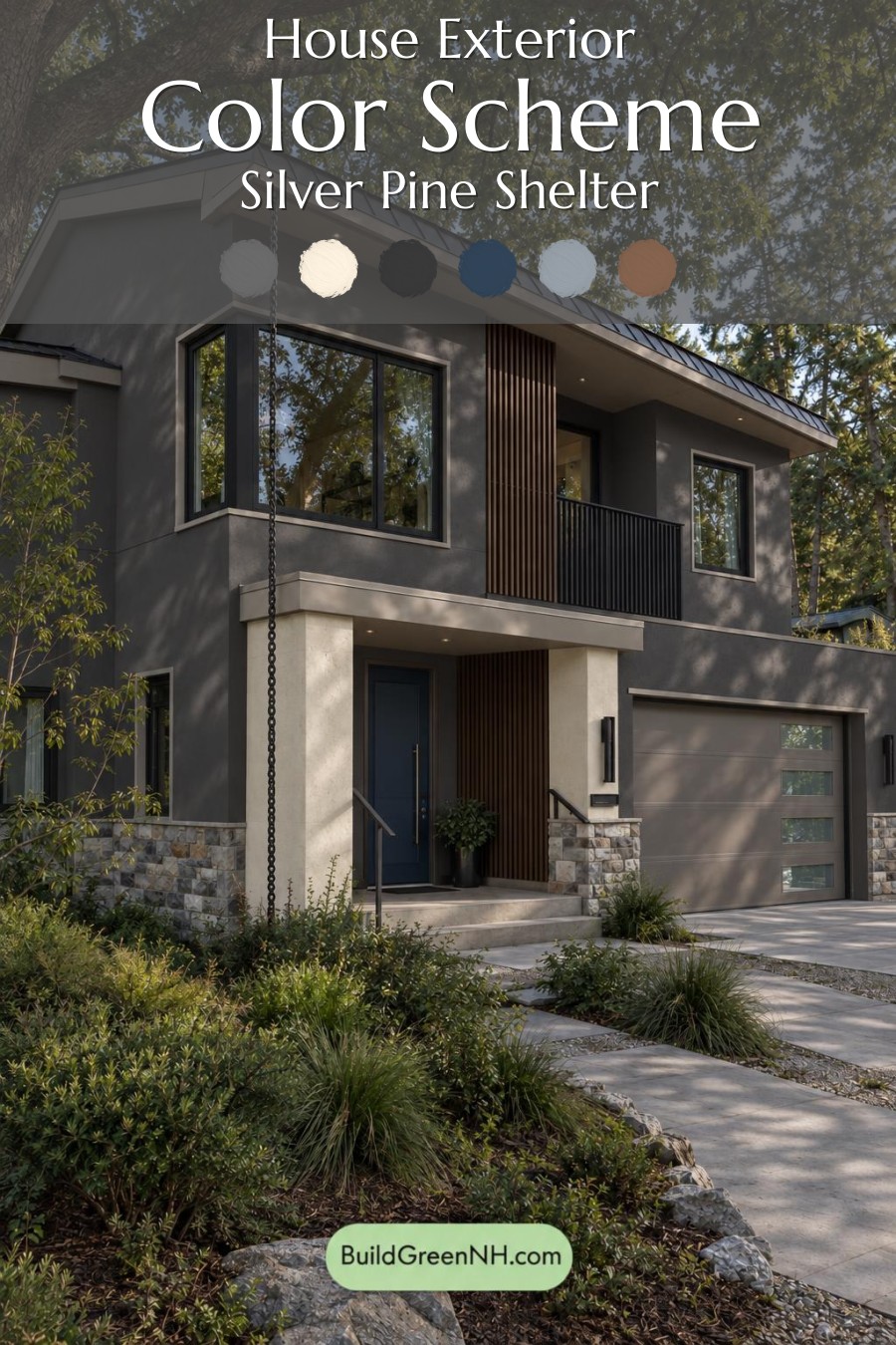 Dark Stucco House Exterior Color Scheme: Silver Pine Shelter