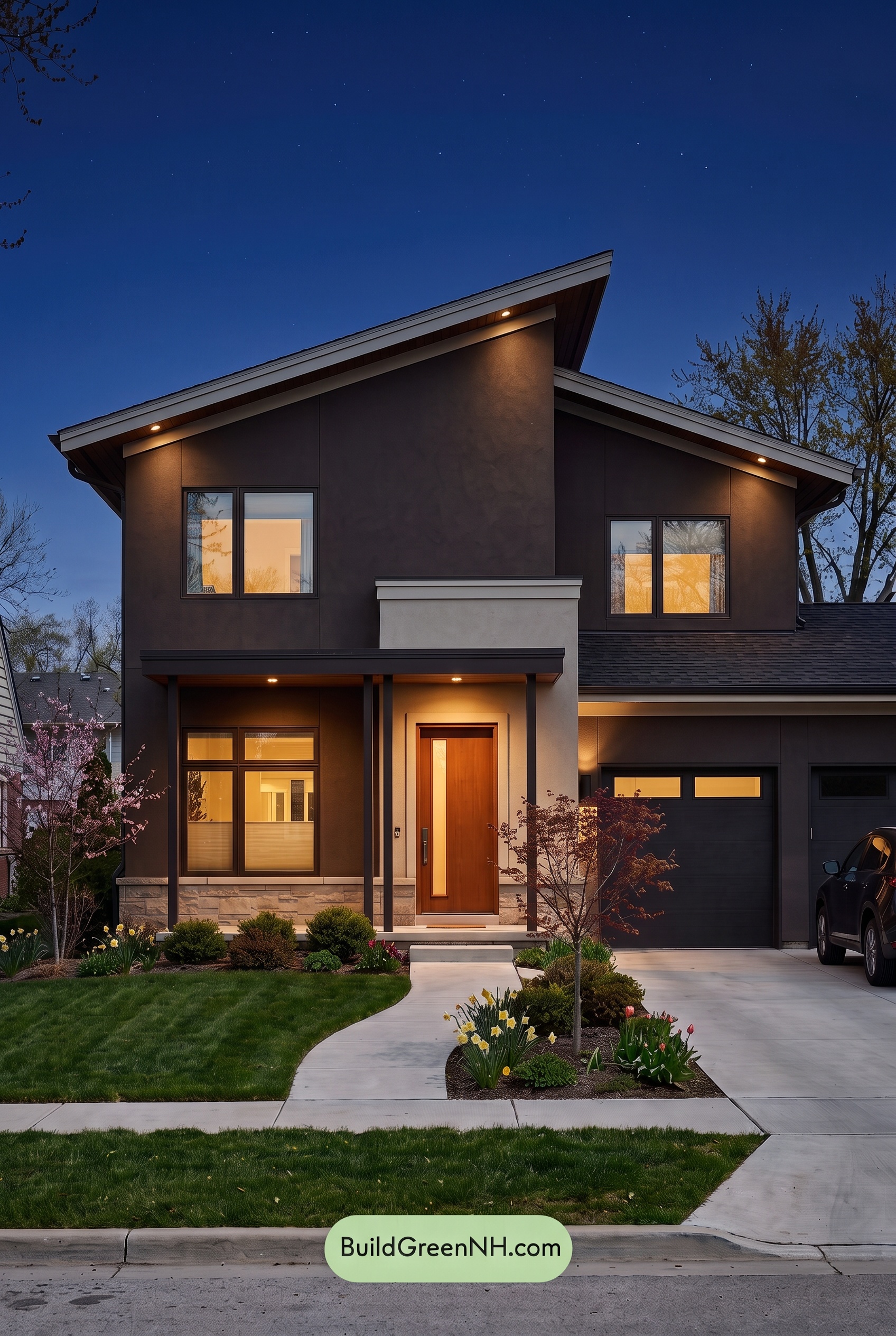 Dark Stucco House Exterior Color Scheme: Umber Solstice - Nighttime