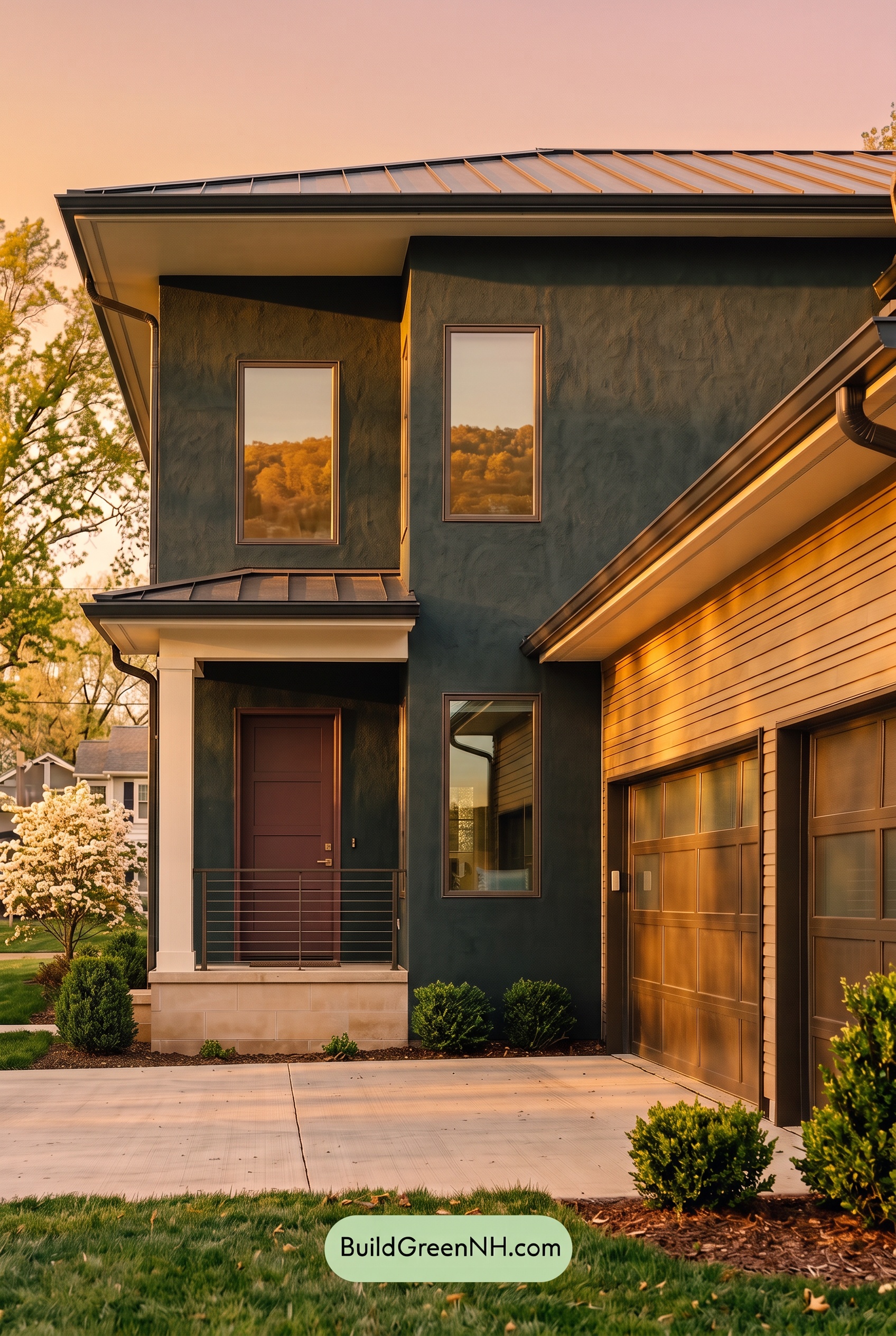 Dark Stucco House Exterior Color Scheme: Verdant Meridian - Golden Hour