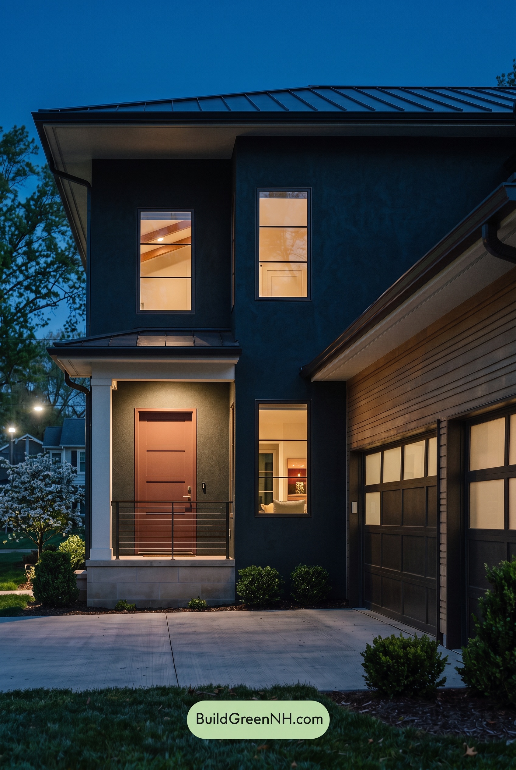 Dark Stucco House Exterior Color Scheme: Verdant Meridian - Nighttime