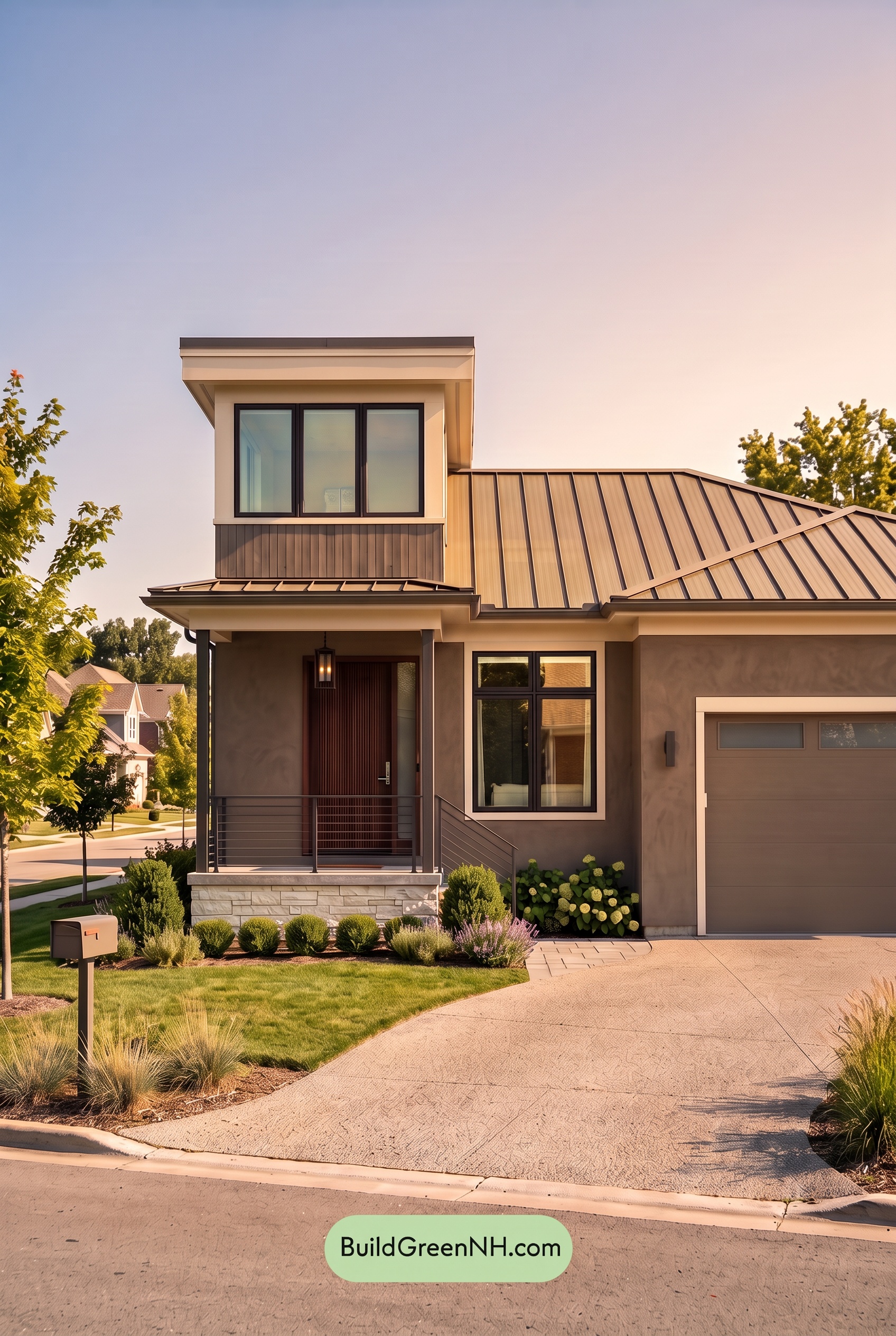 Dark Stucco House Exterior Color Scheme: Walnut Quietude - Golden Hour
