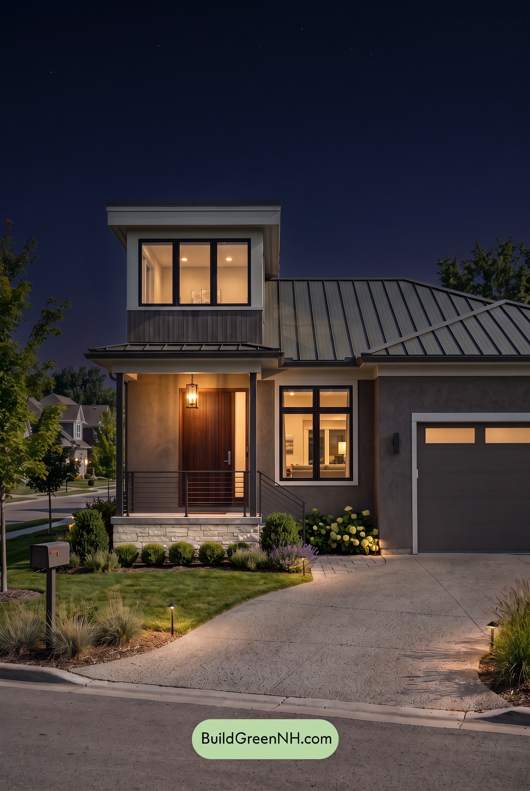 Dark Stucco House Exterior Color Scheme: Walnut Quietude - Nighttime