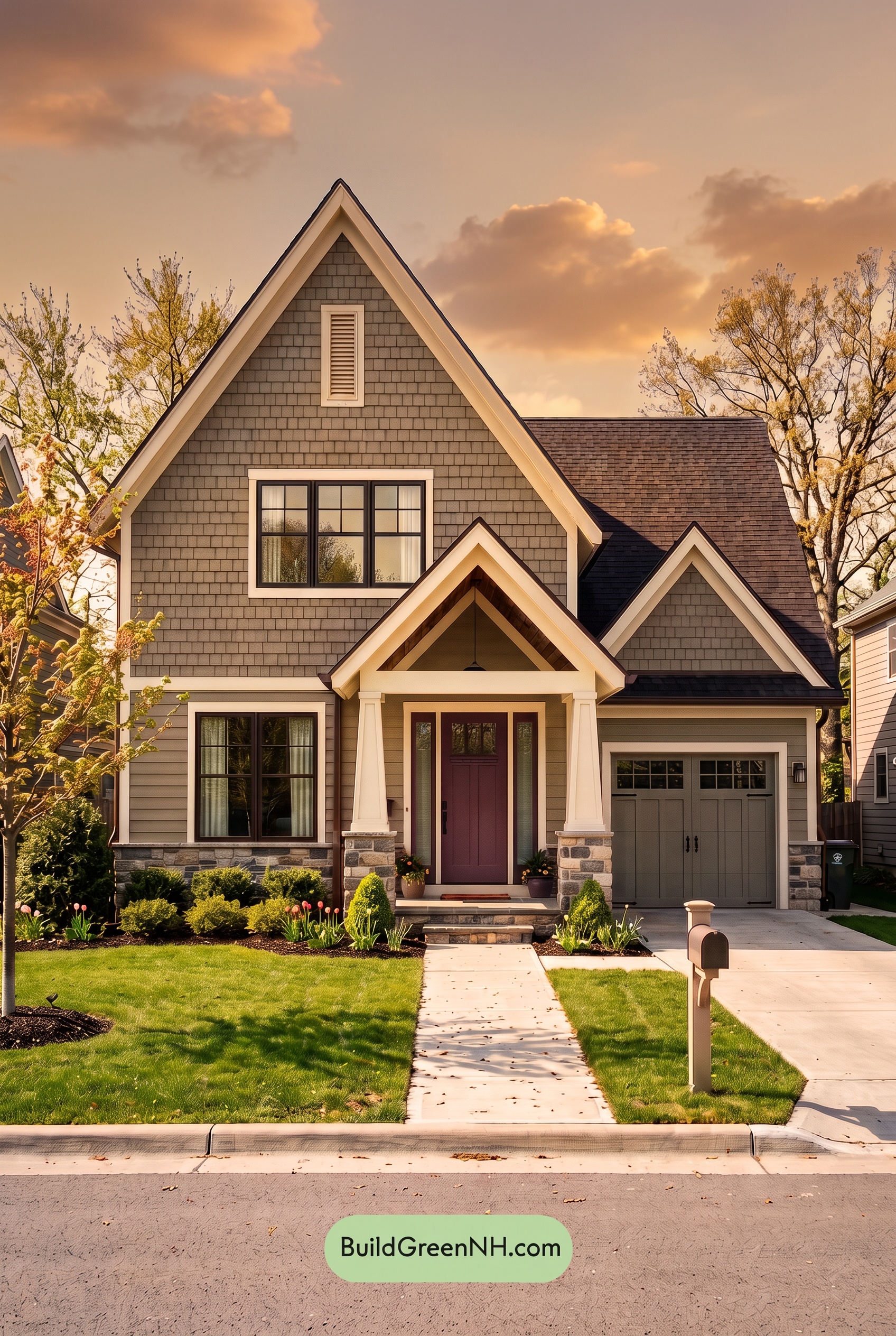 Exterior Color Scheme with Stone Accents: Ashen Copper Welcome - Golden Hour