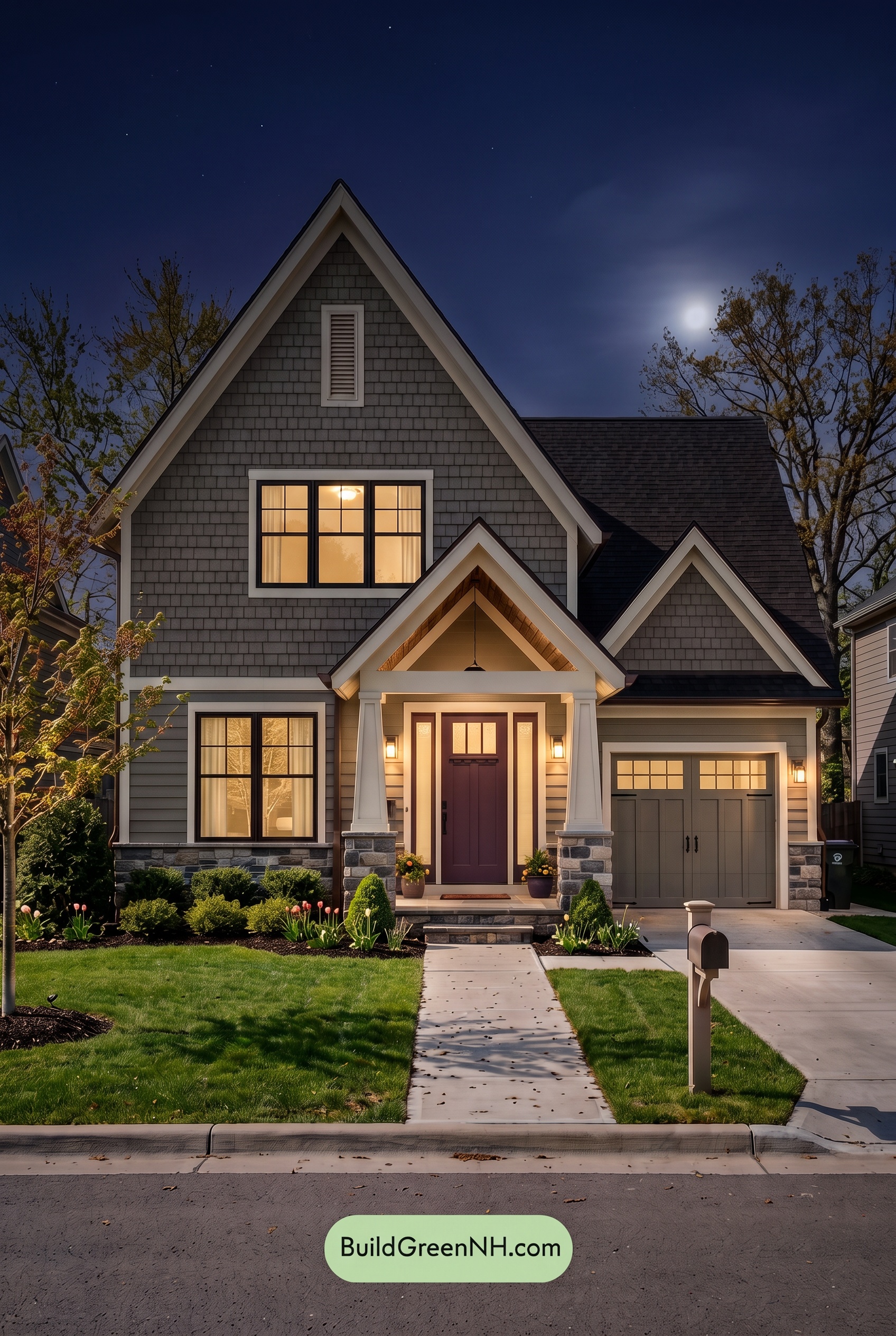 Exterior Color Scheme with Stone Accents: Ashen Copper Welcome - Nighttime