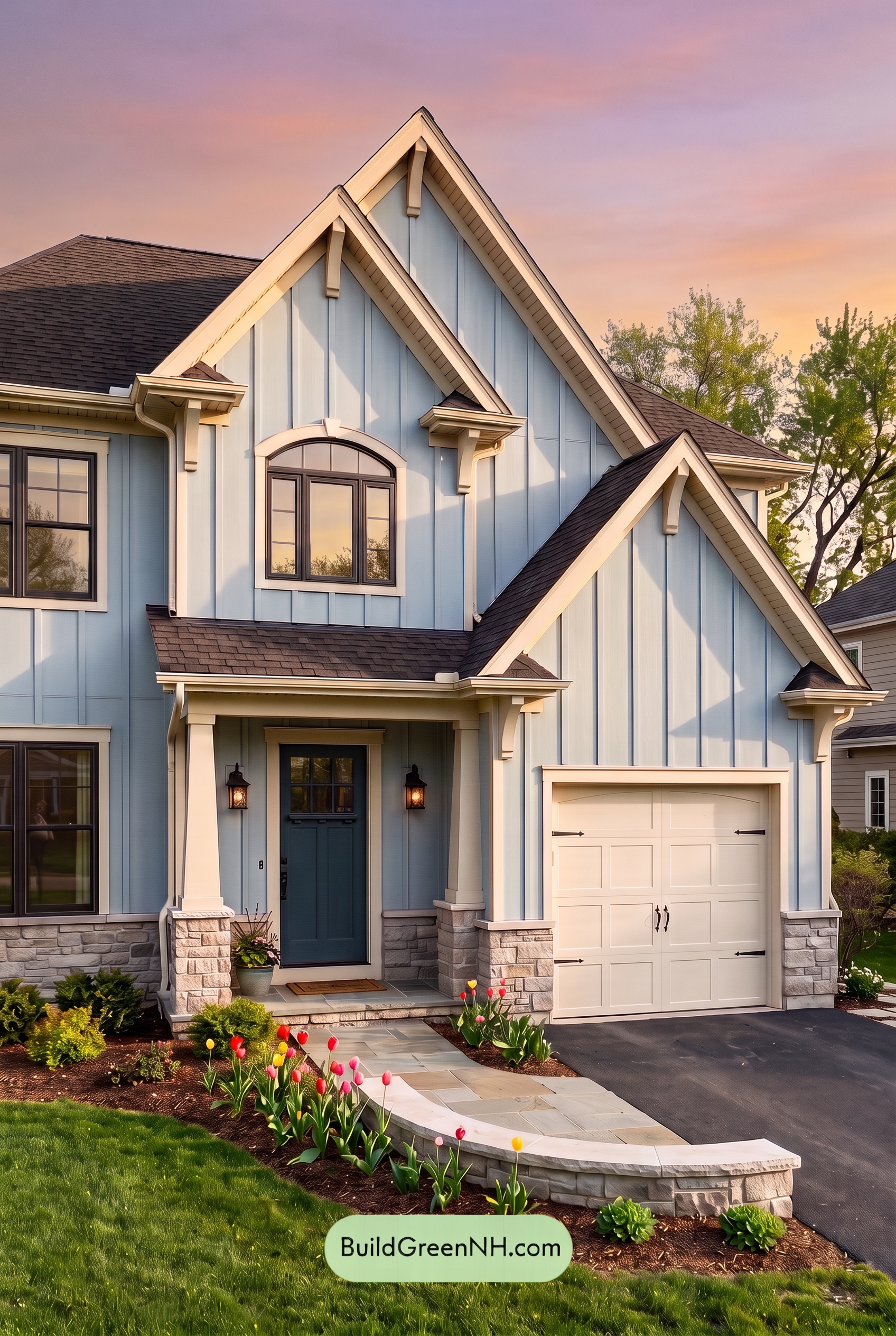 Exterior Color Scheme with Stone Accents: Bluebell Gable Song - Golden Hour