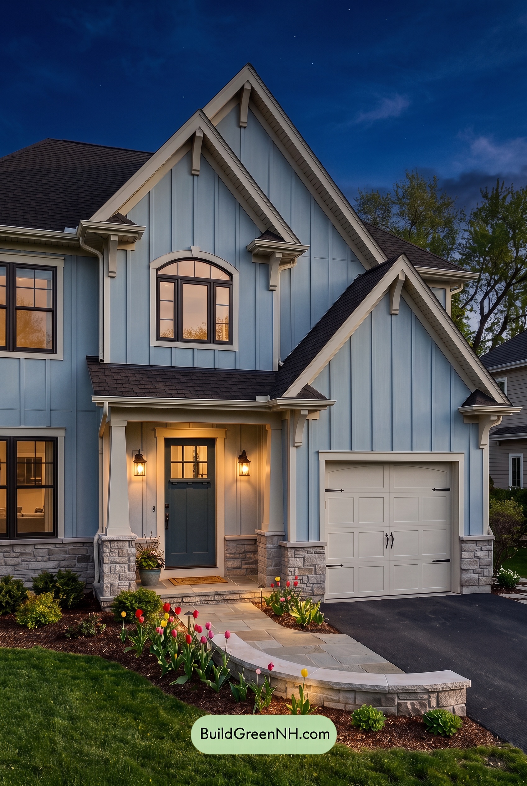 Exterior Color Scheme with Stone Accents: Bluebell Gable Song - Nighttime