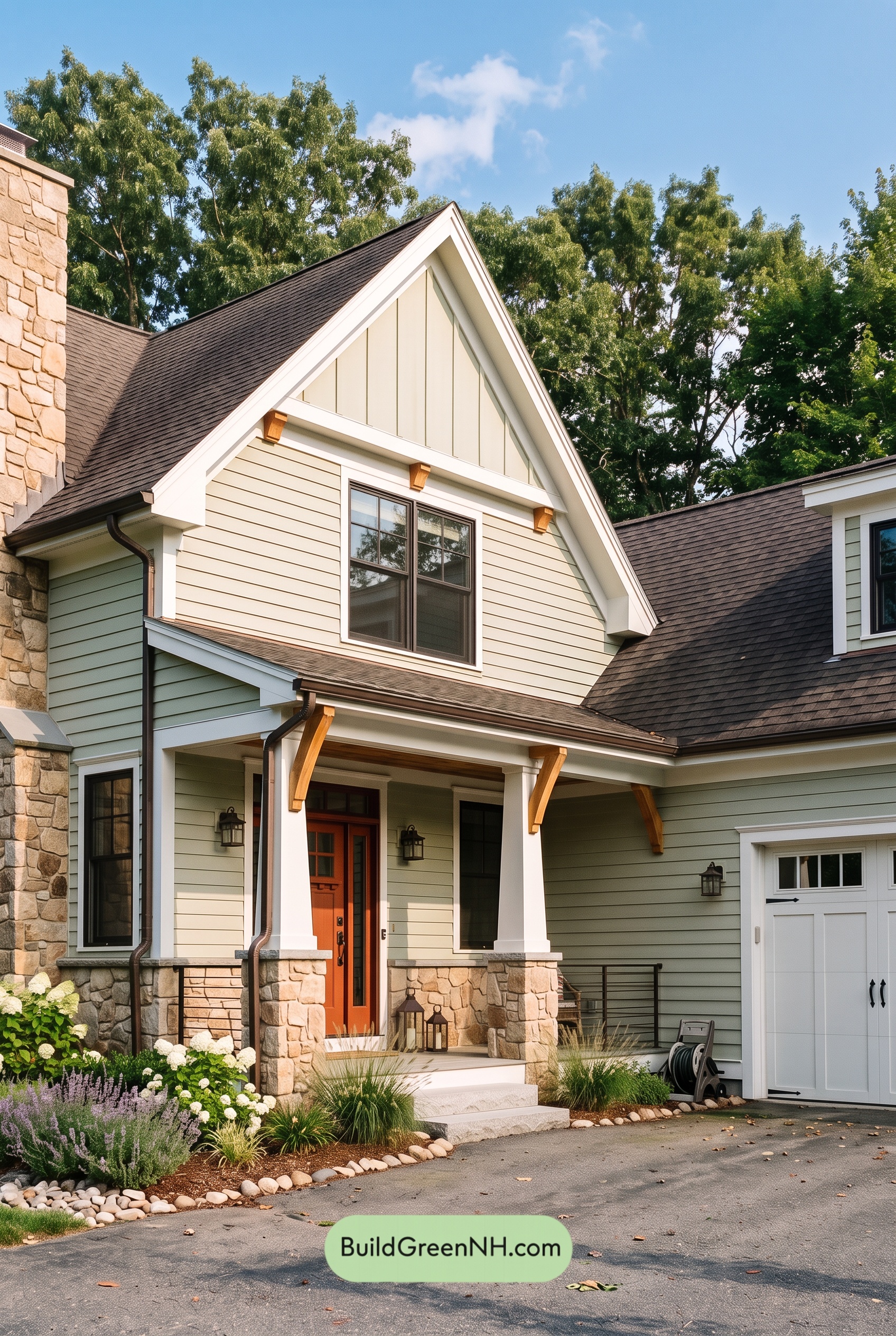 Exterior Color Scheme with Stone Accents: Celadon Ember Gable