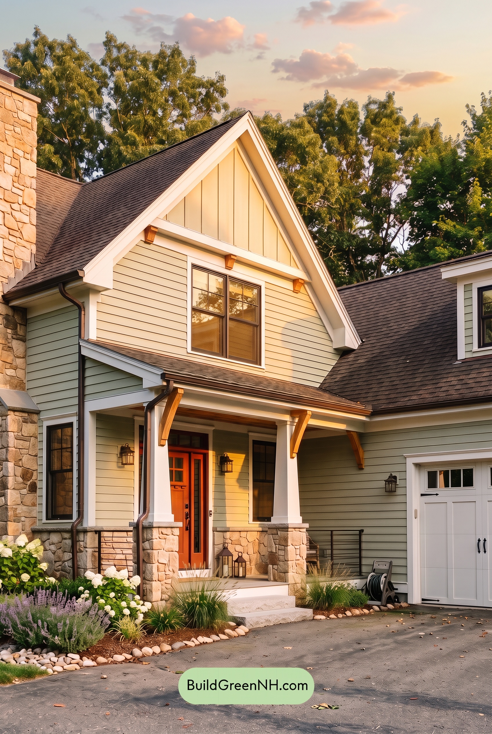 Exterior Color Scheme with Stone Accents: Celadon Ember Gable - Golden Hour