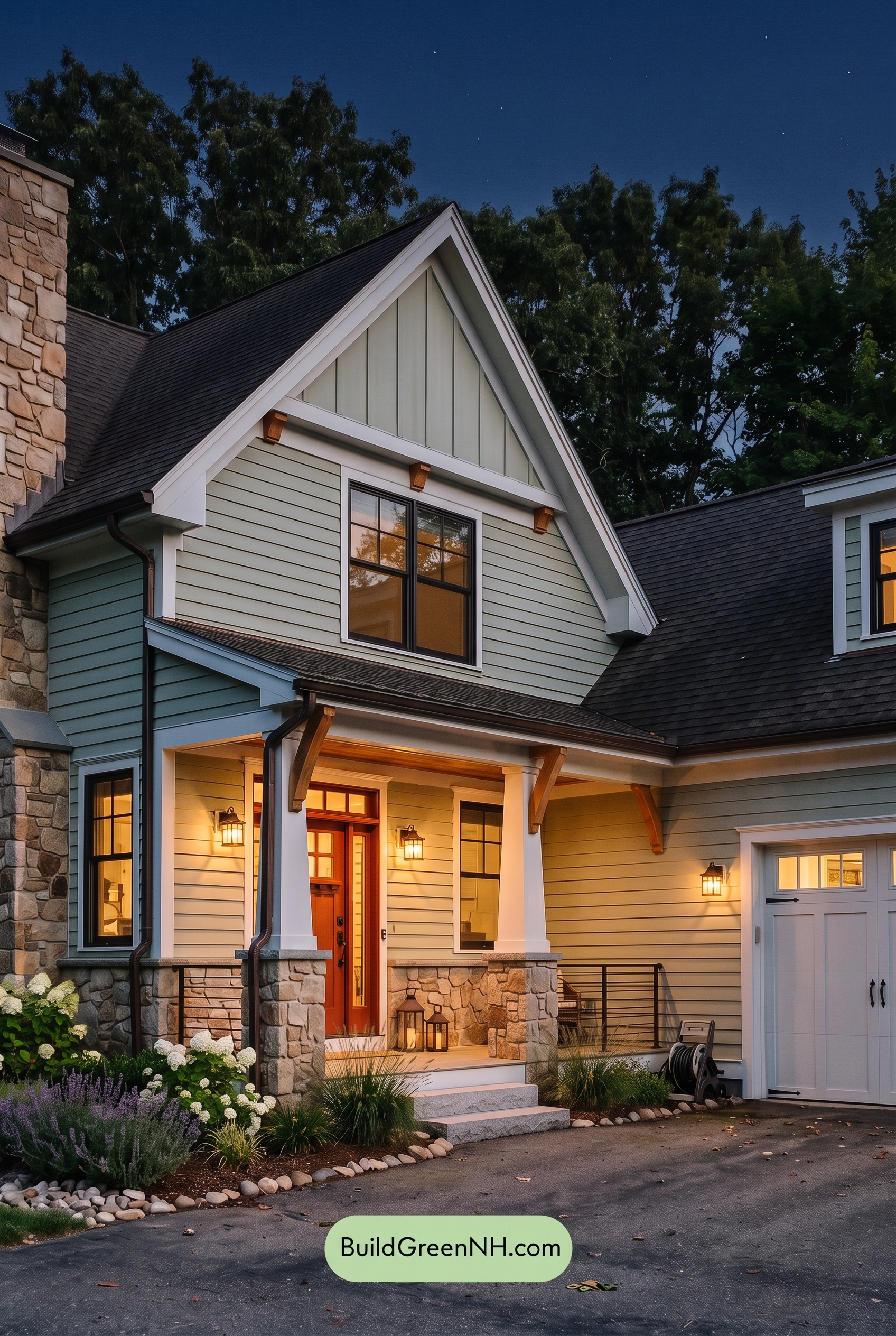 Exterior Color Scheme with Stone Accents: Celadon Ember Gable - Nighttime