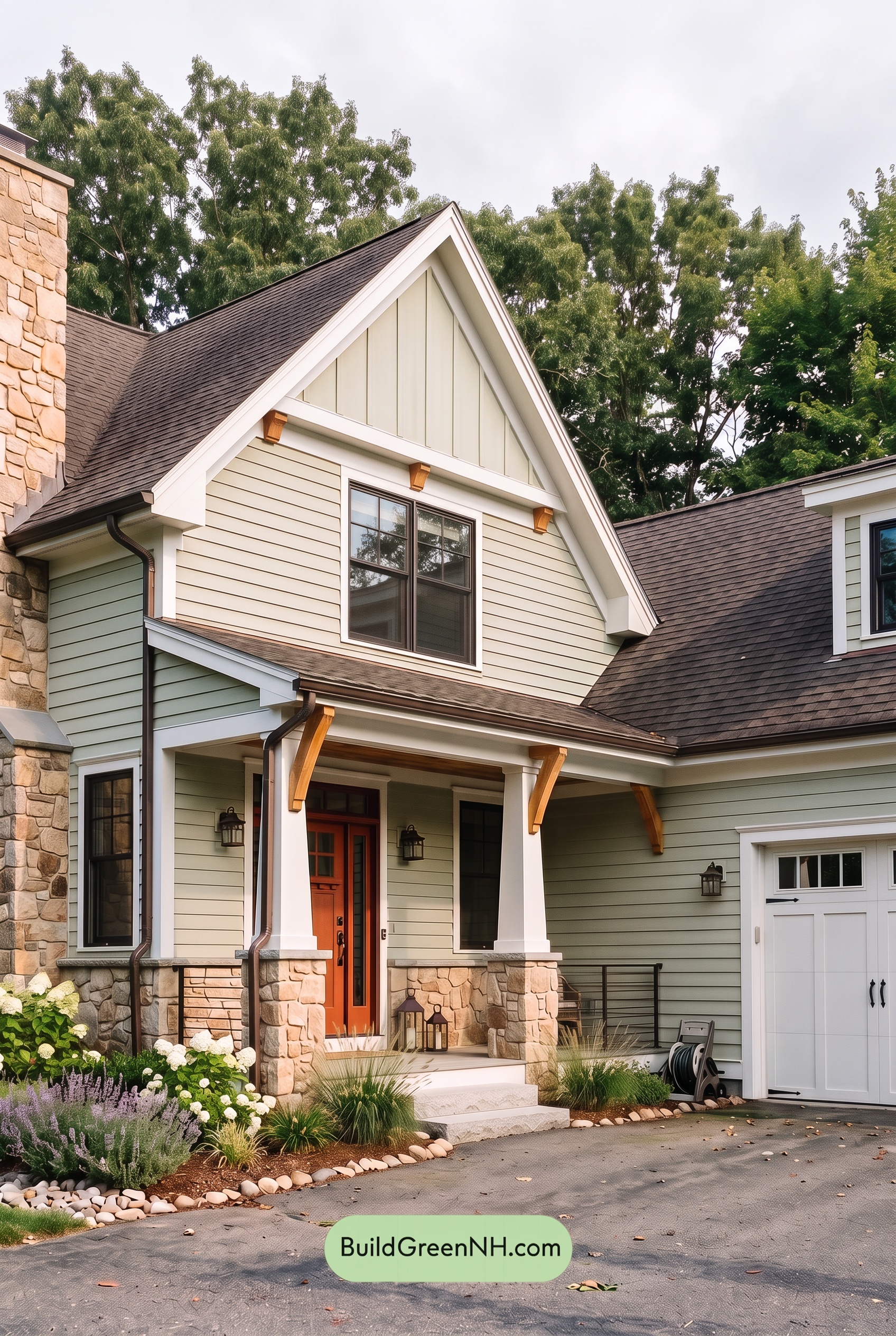 Exterior Color Scheme with Stone Accents: Celadon Ember Gable - Overcast