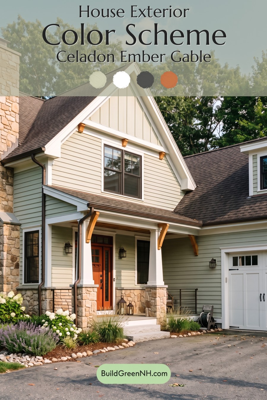 Exterior Color Scheme with Stone Accents: Celadon Ember Gable