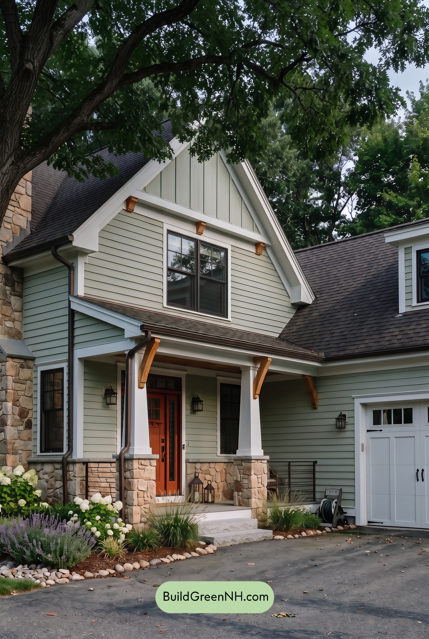 Exterior Color Scheme with Stone Accents: Celadon Ember Gable - Shade