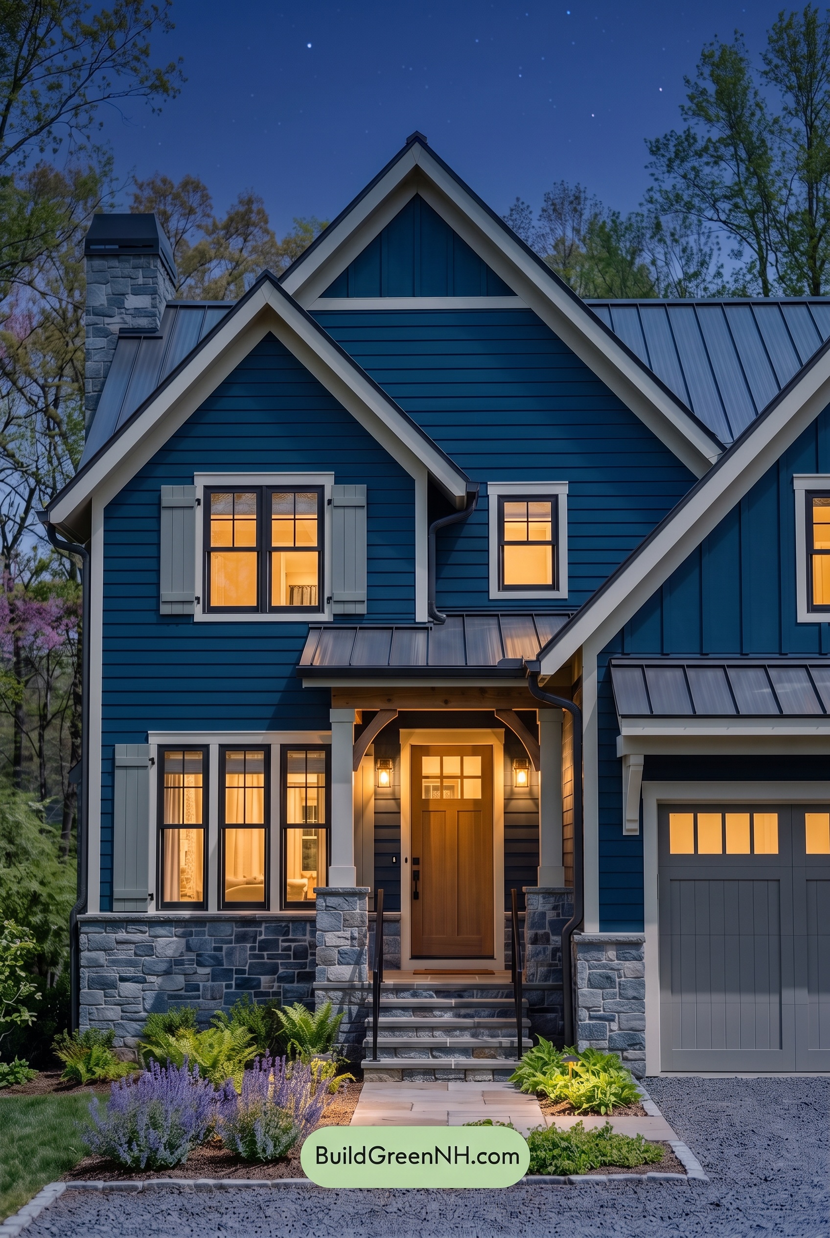 Exterior Color Scheme with Stone Accents: Cobalt Quarry Light - Nighttime