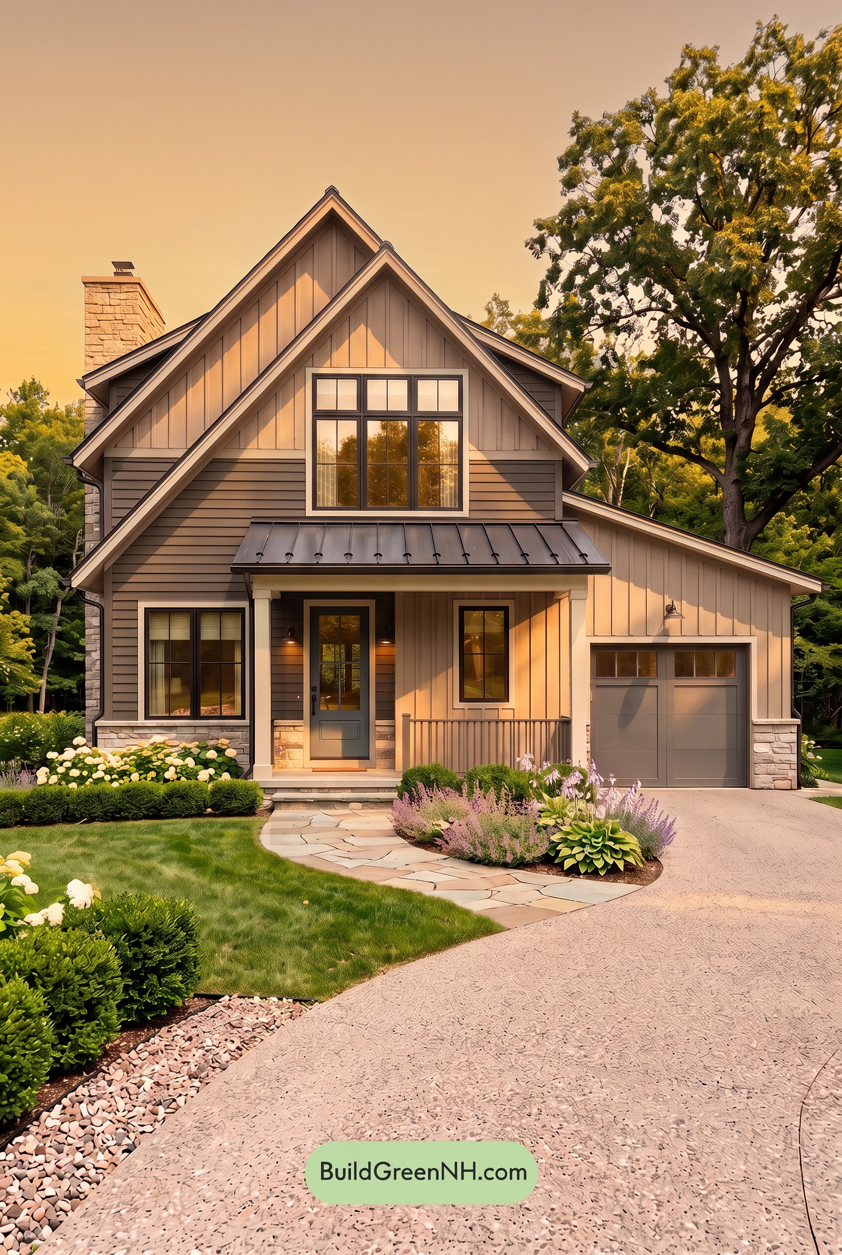 Exterior Color Scheme with Stone Accents: Cocoa Gable Rhythm - Golden Hour