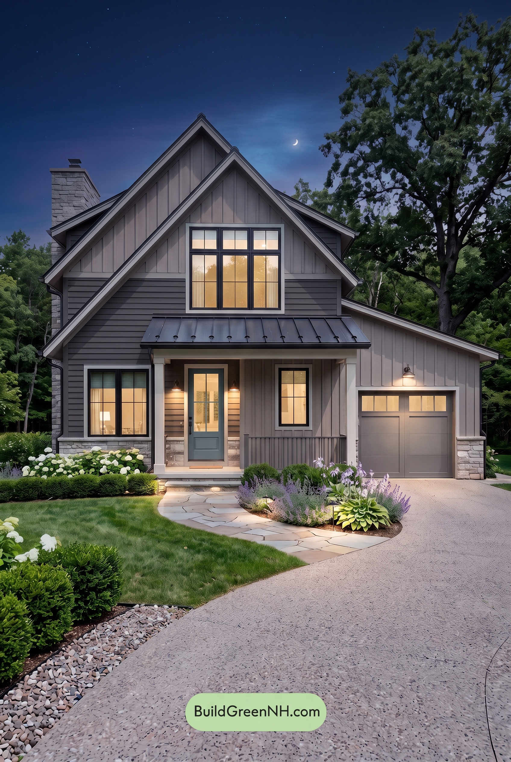 Exterior Color Scheme with Stone Accents: Cocoa Gable Rhythm - Nighttime