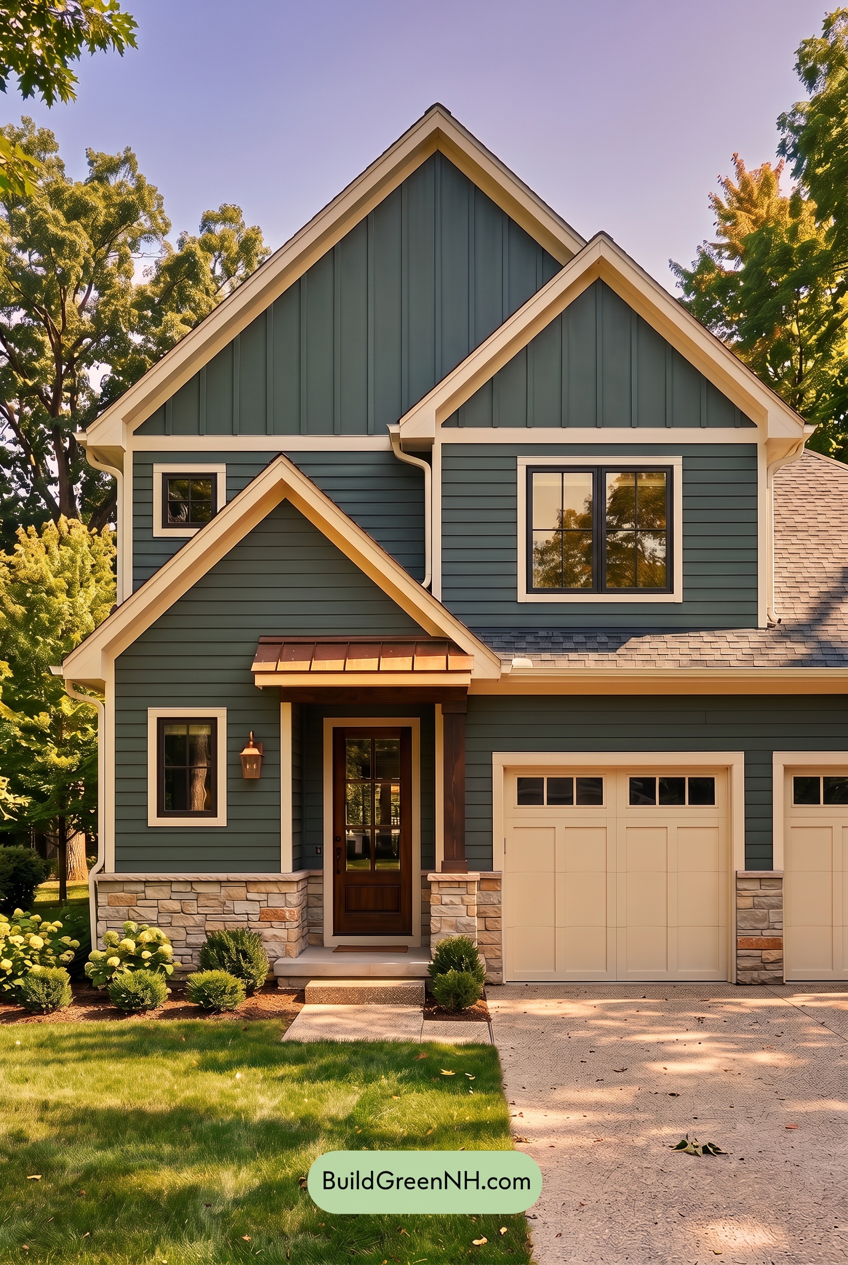 Exterior Color Scheme with Stone Accents: Evergreen Copper Welcome - Golden Hour